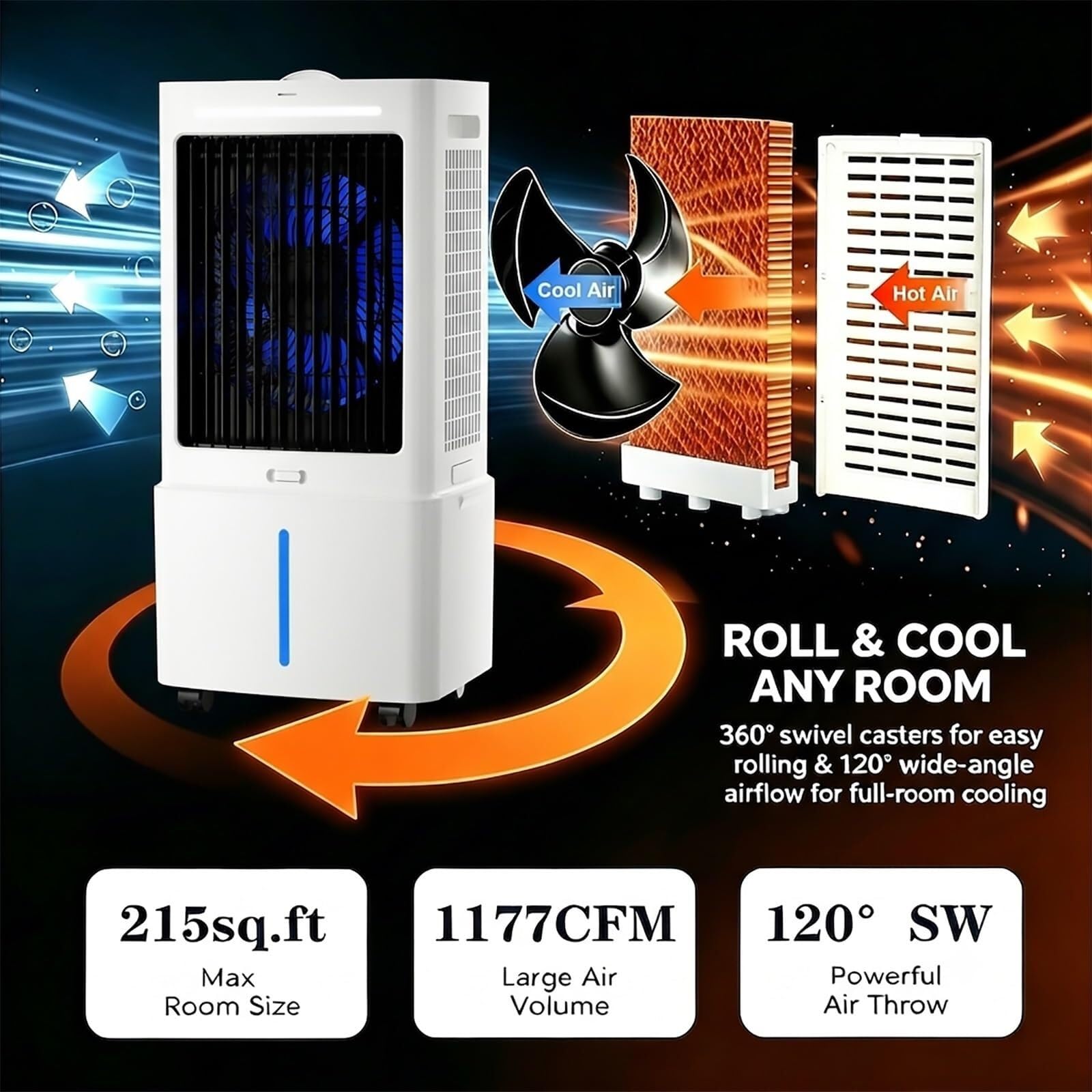 Przenośna chłodnica wyparna zbiornika 12L | Wentylator, nawilżacz powietrza i lodówka 3 w 1, 1177 CFM, oscylacja 120°, 65 W, mobilny z kołami 360°. 25 l