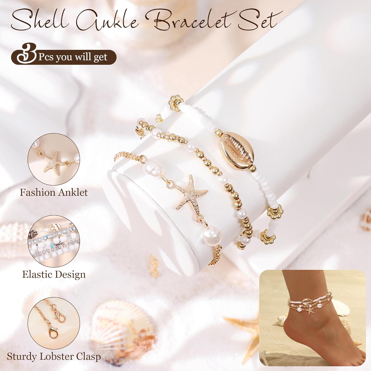 Shell Ankle Bracelet for Women Adjustable Layered Bead Anklet Starfish Seashell Stack Stretch Ankle Bracelet Beach Summer Vacation Foot Jewelry - Image 4