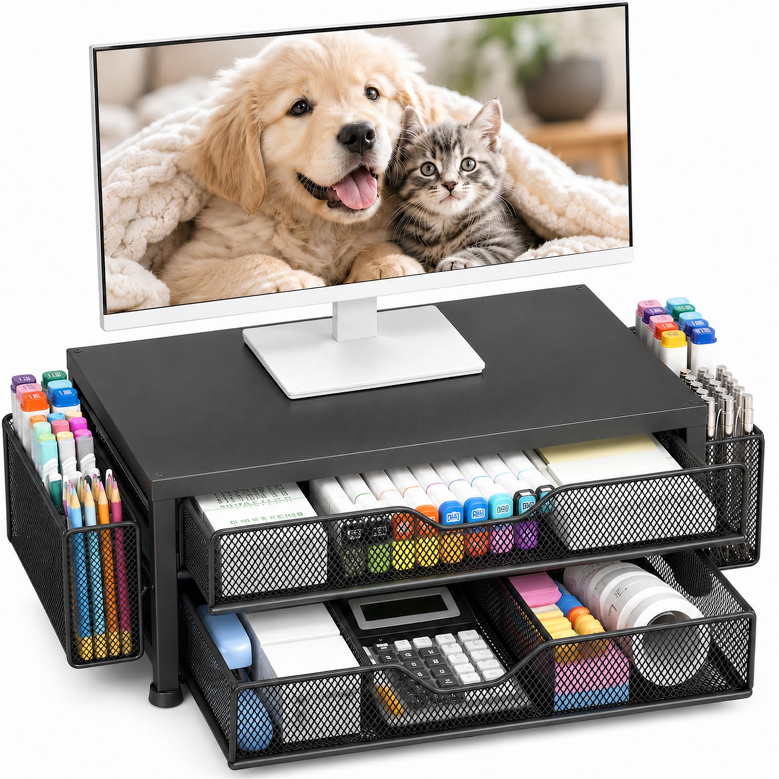OPNICE Desk Organizer and Accessories, 2-Tier Computer Monitor Stand Riser with 2 Drawer and 2 Pen Holders, Laptop Stand, Office Desk Accessories for Office Supplies, Black Metal
