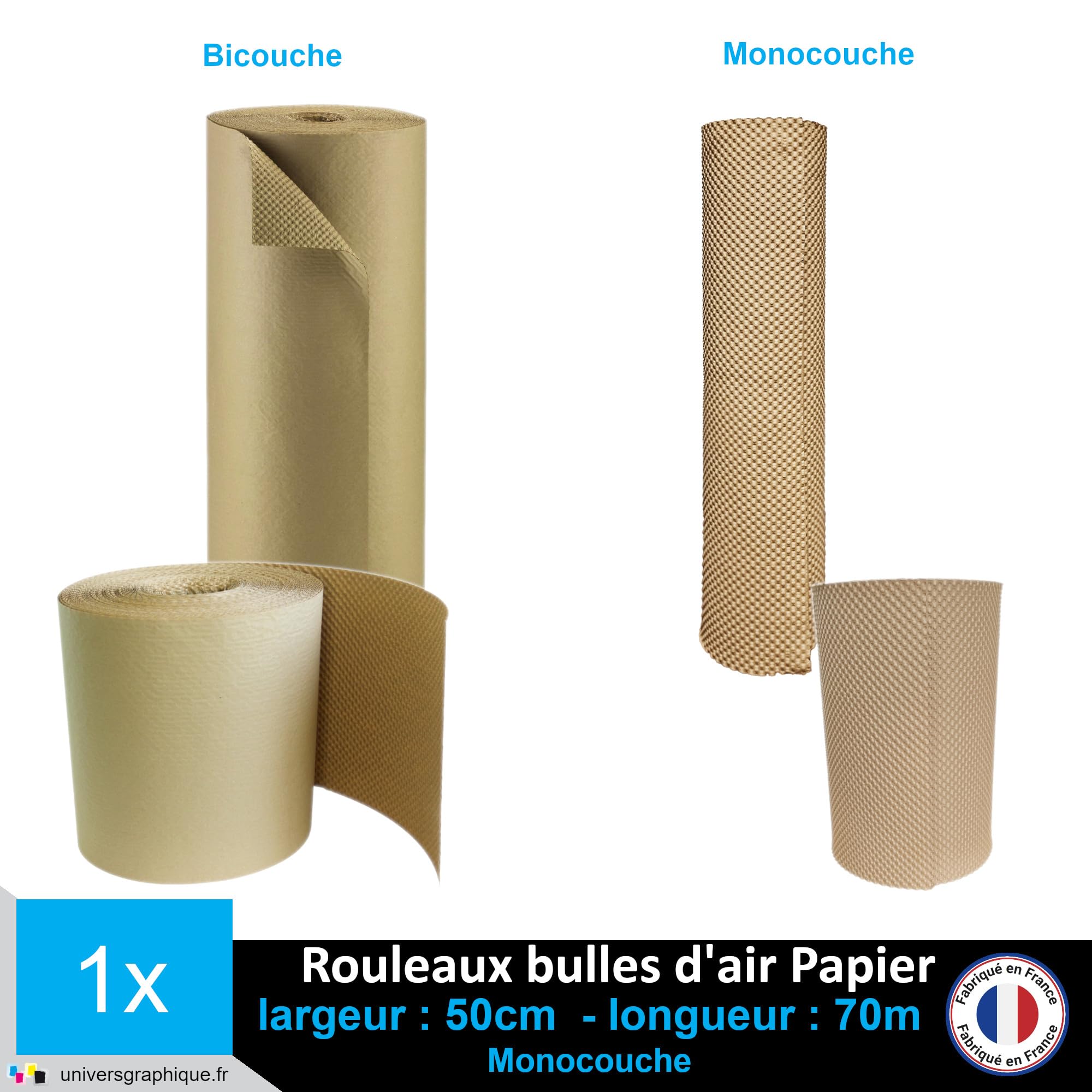 Rouleau Papier Bulle Kraft bicouche 50 g/m², 50cm de hauteur x 50 mètres de longueur et 42cm de diamètre pour calage et protection de contenu de colis.