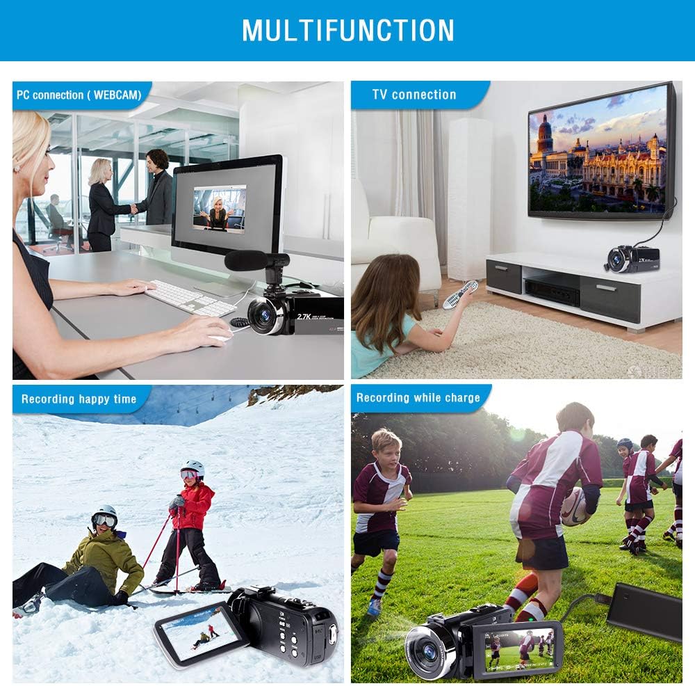 Four panels showing various functions of the Vmotal Camcorder: PC connection (webcam), TV connection, recording happy time, and recording while charging.