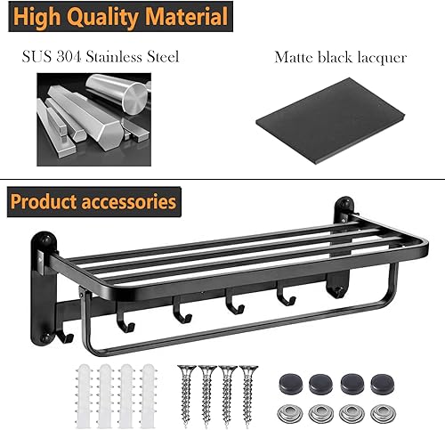 Miniatura 4 de JOPOFI Toallero de baño de 23.2 pulgadas, toallero con toallero y 6 ganchos, soporte de toallas de montaje en pared, acero inoxidable SUS 304, negro