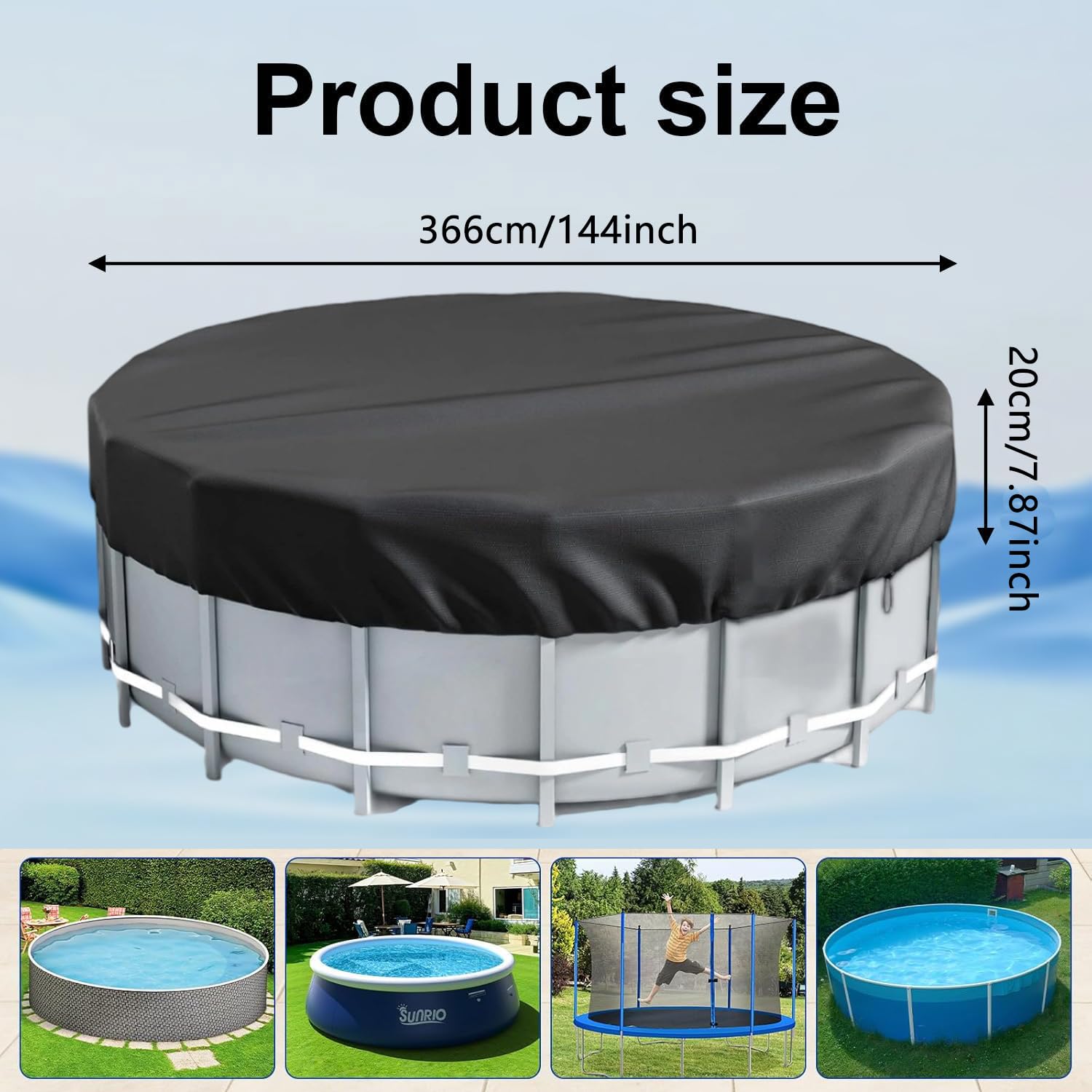 Telone di copertura per piscina rotondo, 366 cm, pieghevole, con coulisse e chiodi, impermeabile, antivento, antipolvere, per piscine fuori terra