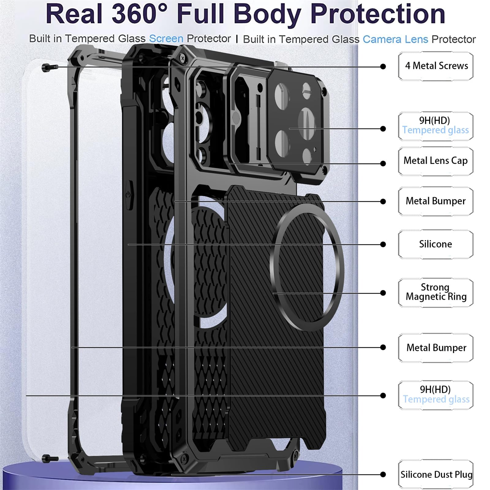 Funda con Soporte Ajustable para iPhone 15 Pro, Cristal Templado, Rojo