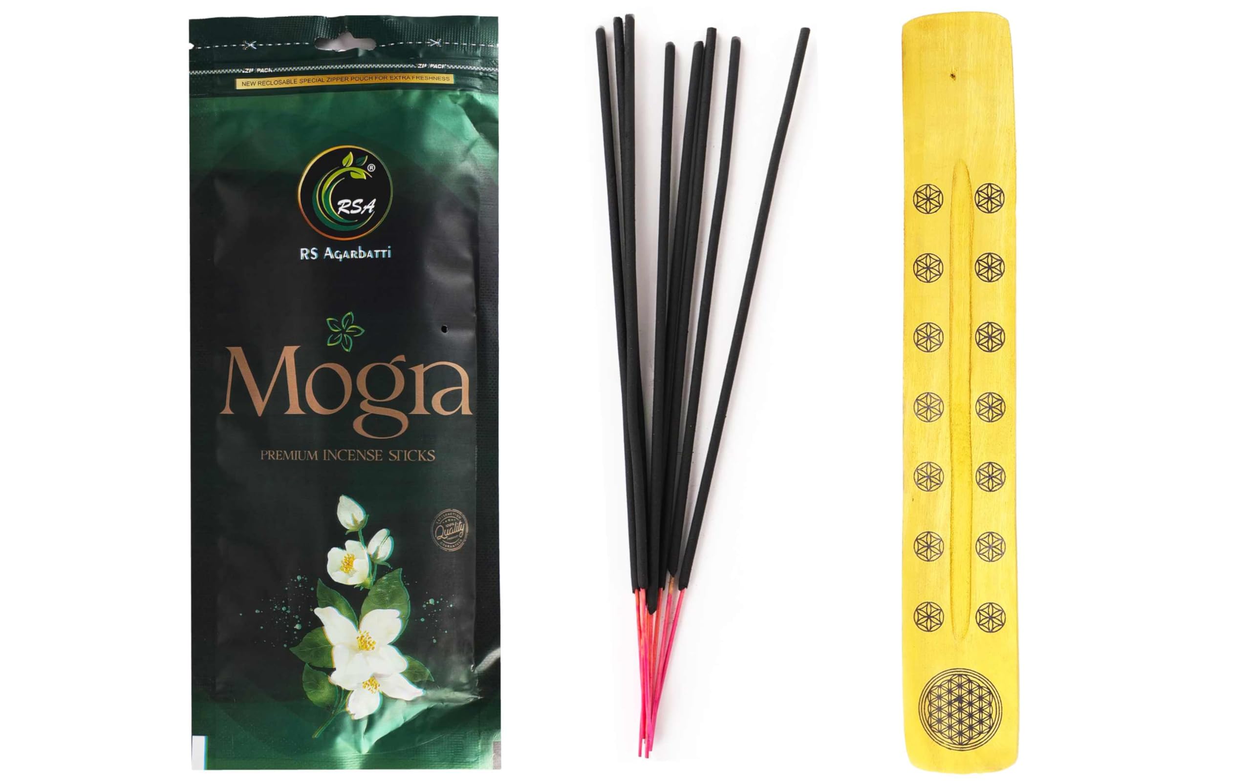 Hashcart Mogra Incense Sticks 65-70 Sticks, 110gram Natural Mogra Fragrance, 45-50 Mins Burn Time with 1 Assorted Color Incense Stick Holder