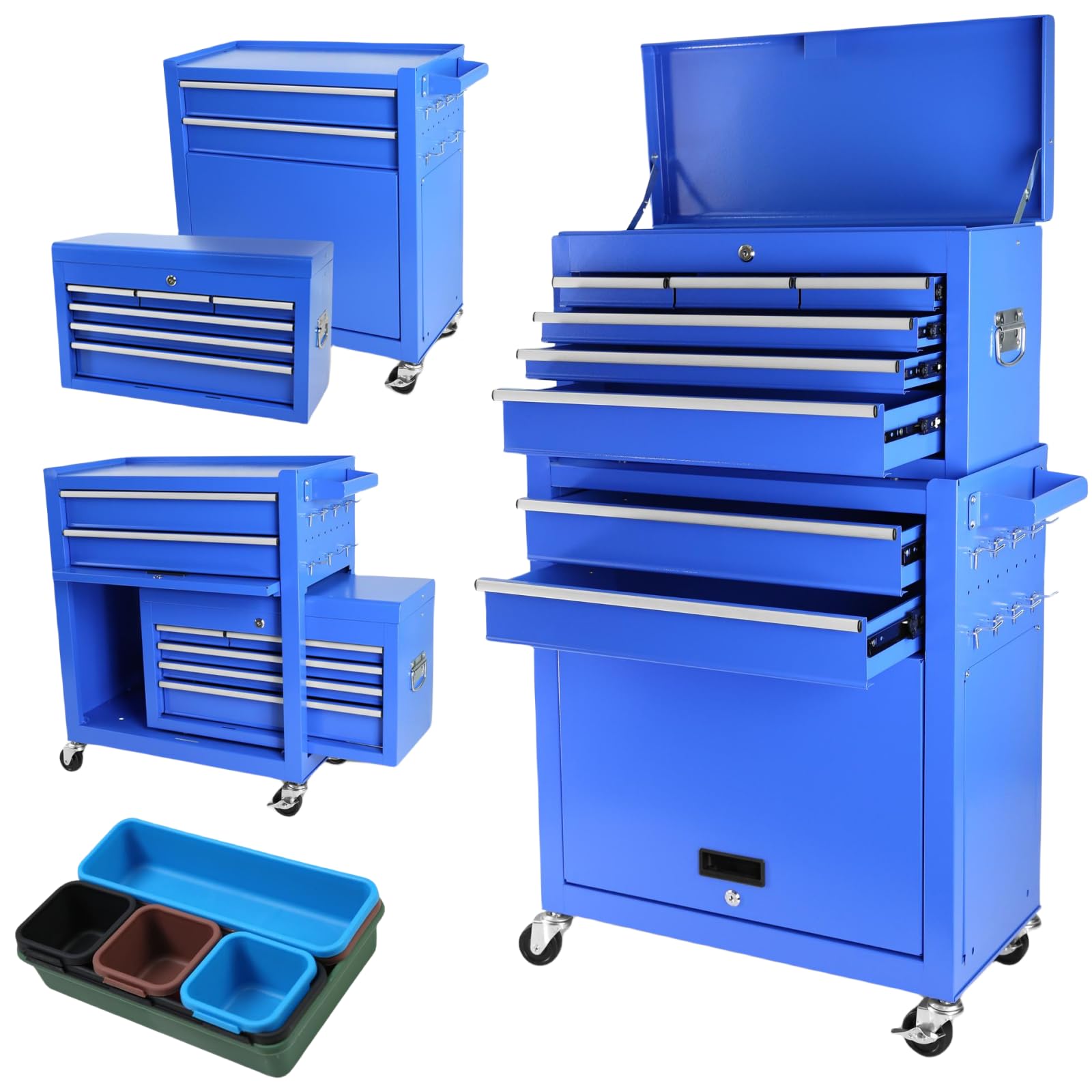 LKTART 8 Drawer Rolling Tool Chest High Capacity Workshop with Wheels and Locking System Removable Tool Chest with Drawers 2 in 1 Portable Toolbox Organizer Blue