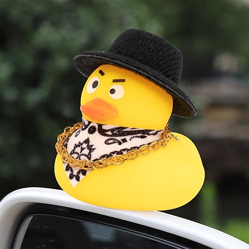 Miniatura 48 de wonuu Pato de goma para automóvil, decoración de pato amarillo con sombrero de sol, collar, gafas de sol para decoración de tablero de automóvil