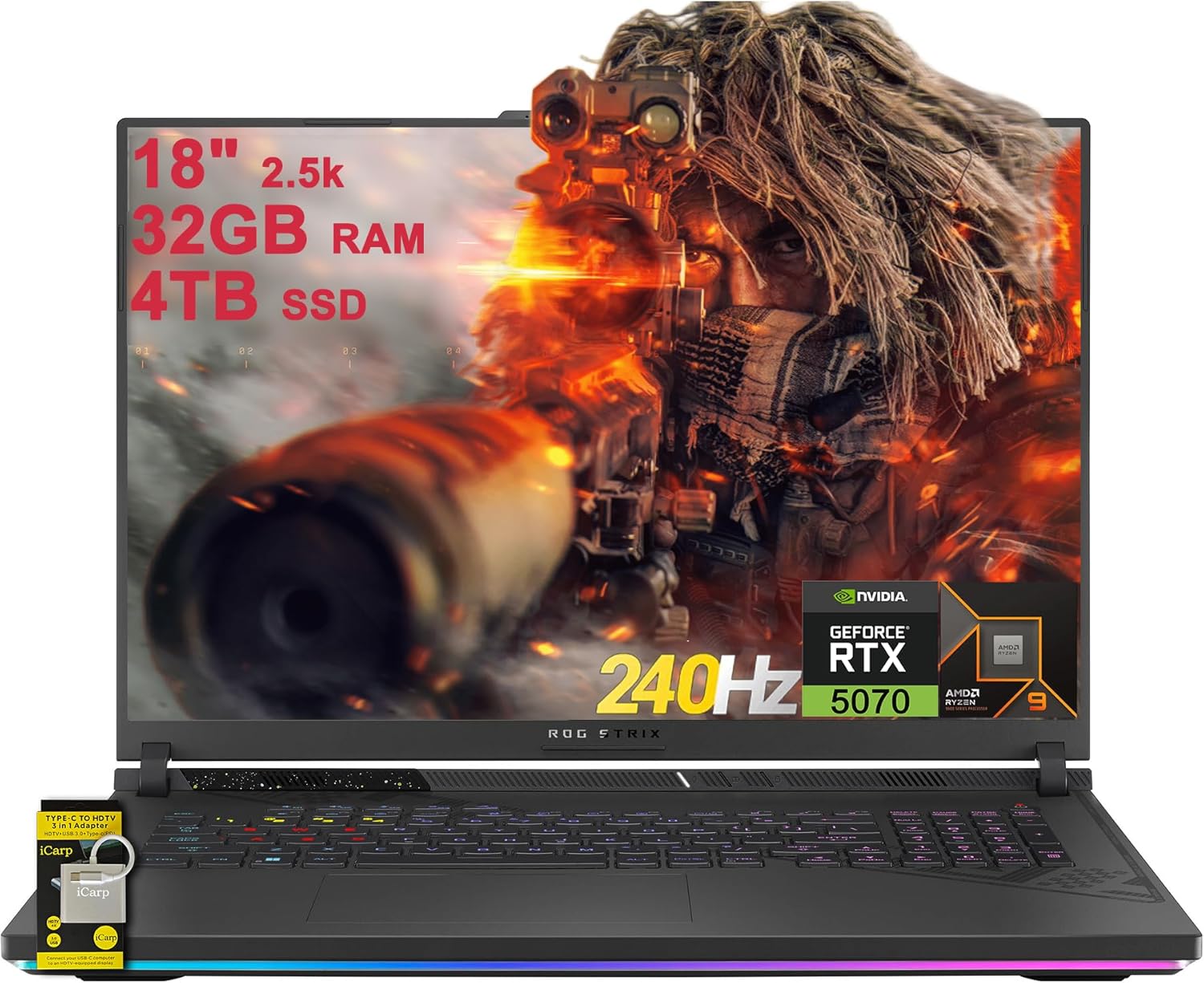 ASUS ROG Strix G18 G814 Gaming Laptop 18″ 2.5k (2560×1600) 240Hz (100% DCI-P3, 3ms) AMD 16-core Ryzen 9 9955HX (>i9-14900HX) 32GB DDR5 4TB SSD GeForce RTX 5070 RGB Backlit WiFi6E Win11 ICP Hub