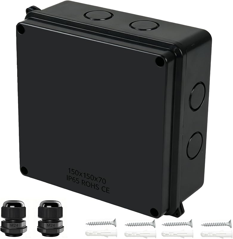 Junction Box, IP65 Waterproof Dustproof Electrical Box ABS Project Case with 2 M24 Cable Glands - Outdoor Enclosure for Electronics Black 5.9" x 5.9" x 2.8"