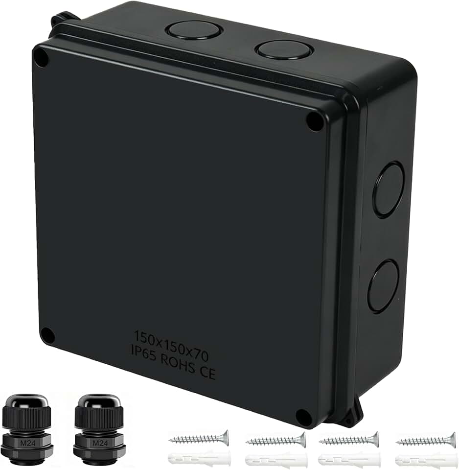 Junction Box, IP65 Waterproof Dustproof Electrical Box ABS Project Case with 2 M24 Cable Glands - Outdoor Enclosure for Electronics Black 5.9" x 5.9" x 2.8"