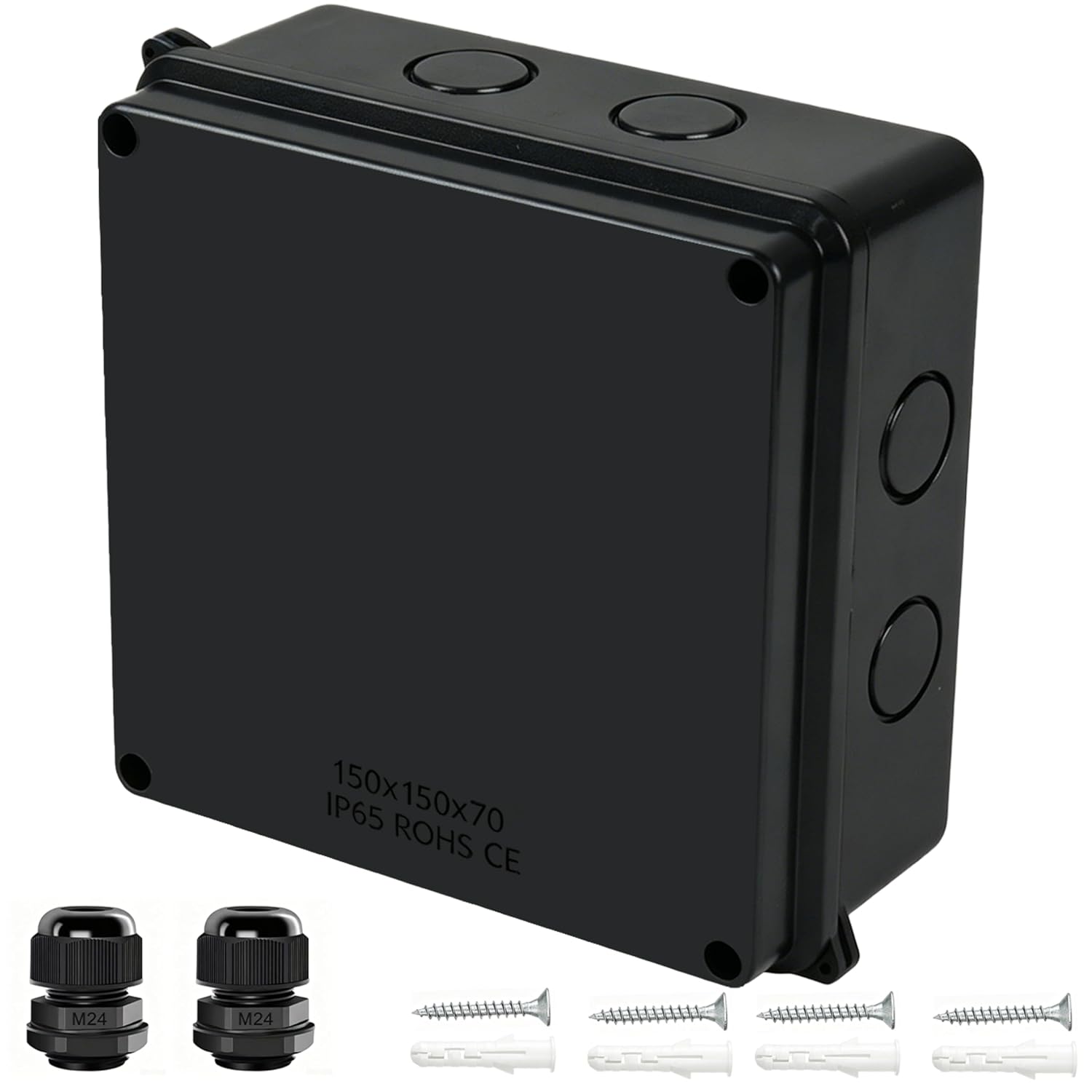 Junction Box, IP65 Waterproof Dustproof Electrical Box ABS Project Case with 2 M24 Cable Glands - Outdoor Enclosure for Electronics Black 10"x 7.9"x 3.1"