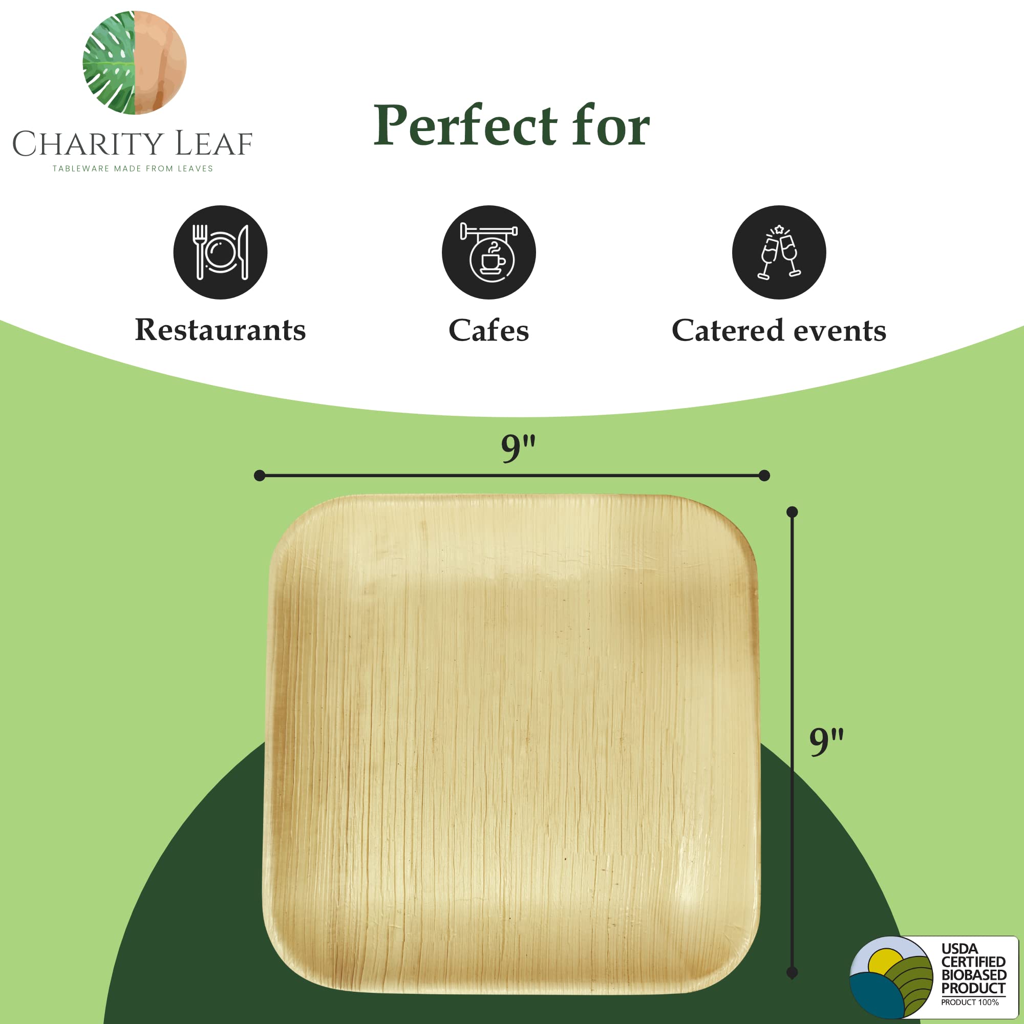 Charity Leaf - Juego de platos desechables de hoja de palma como platos cuadrados de bambú, totalmente naturales y biodegradables, bodas, tablas de embutidos, barbacoas y fiestas, platos cuadrados (50
