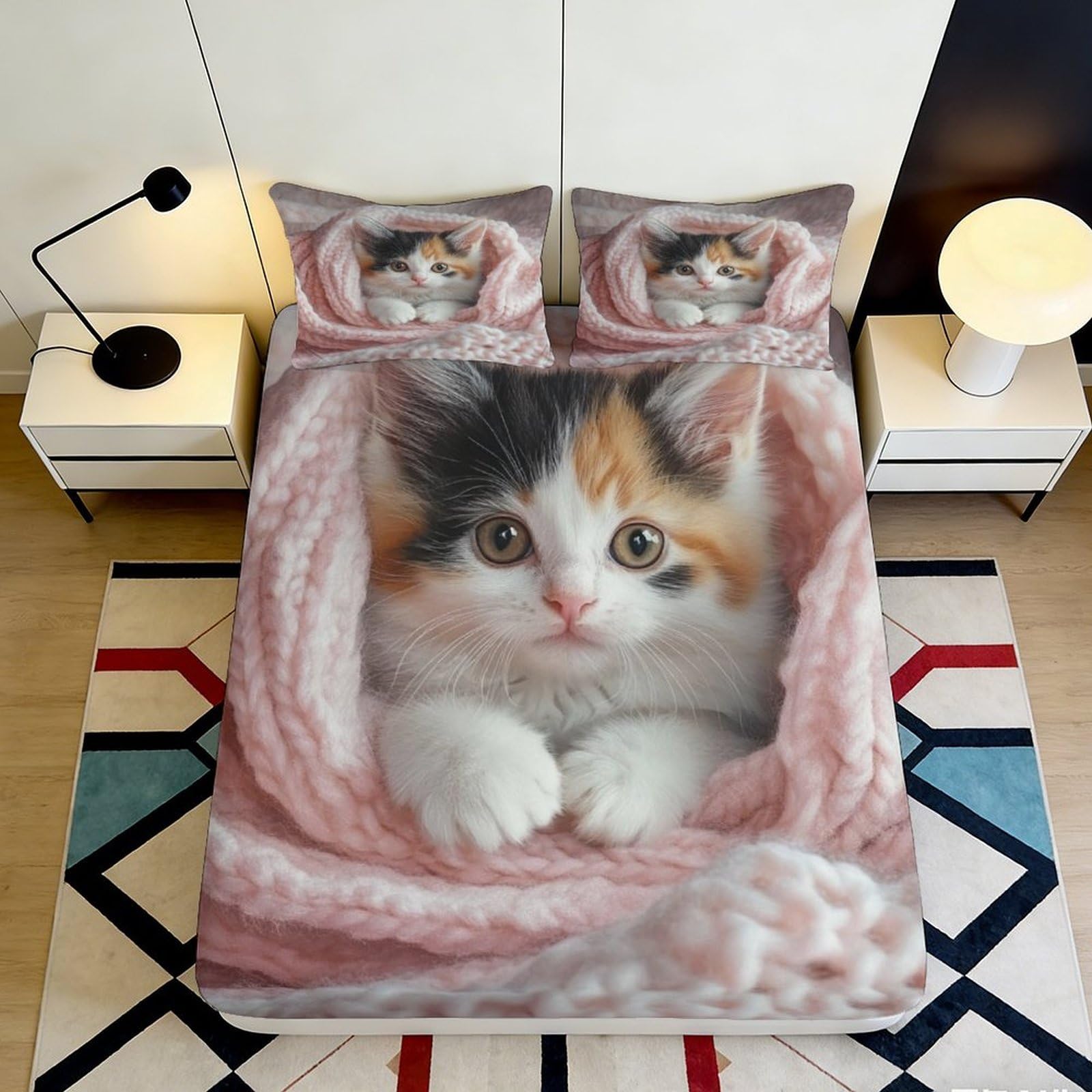 3D Printed Calico Cat Fitted Sheet Microfiber Soft Pink Blanket Style Mattress Cover for Bedroom Dorm Decoration 90x200x25cm