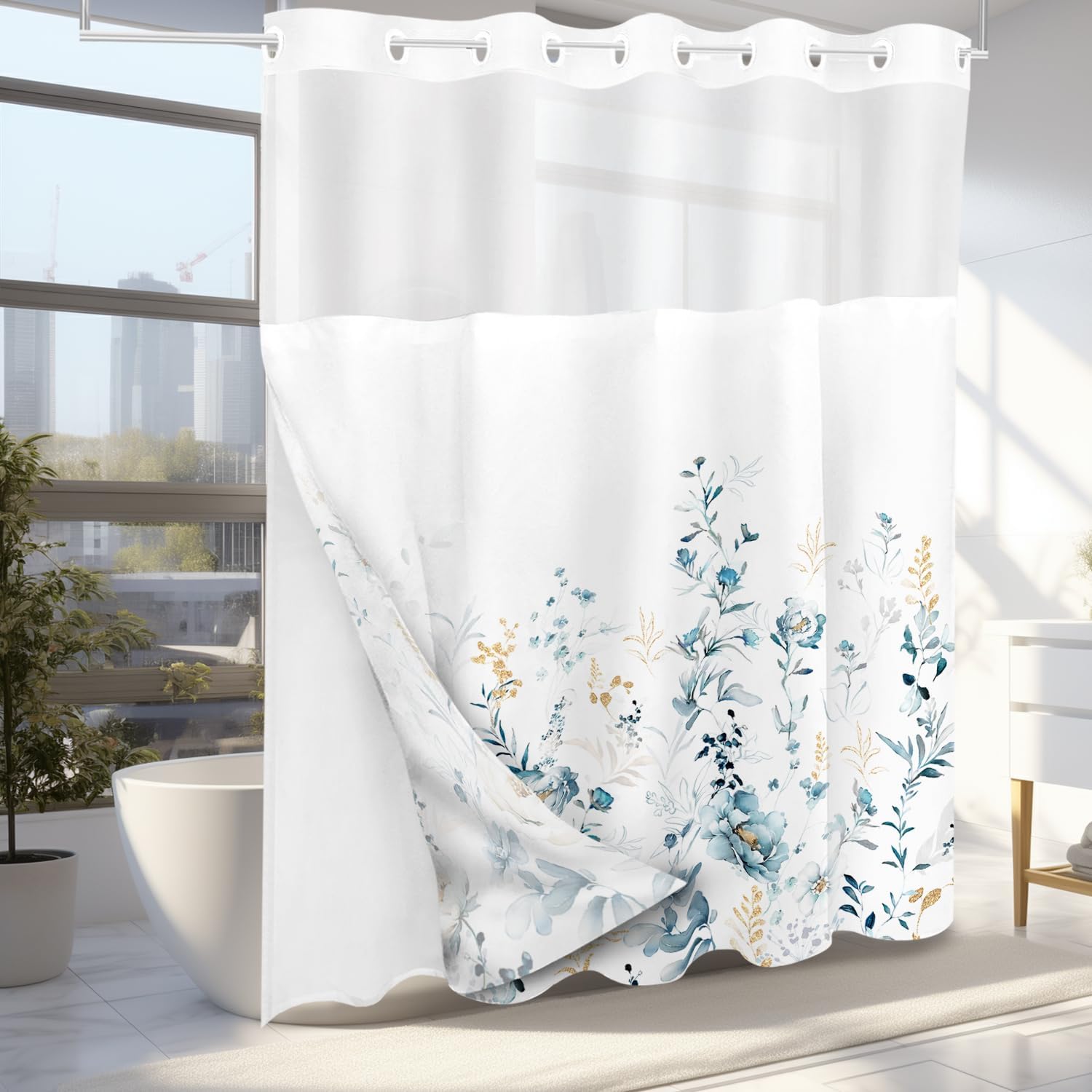 Tititex No Hooks Snap in Liner Watercolor Blue Floral Shower Curtain Sets, Hotel Luxury Double Layers Waterproof Fabric & See-Through Top Window Bathroom Decorative 71x71 Inch