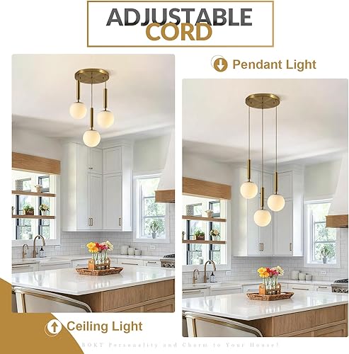 Miniatura 5 de BOKT Moderna lámpara colgante de 3 luces en racimo de cocina, isla de mediados de siglo, ajustable, globo dorado cepillado, lámpara colgante,