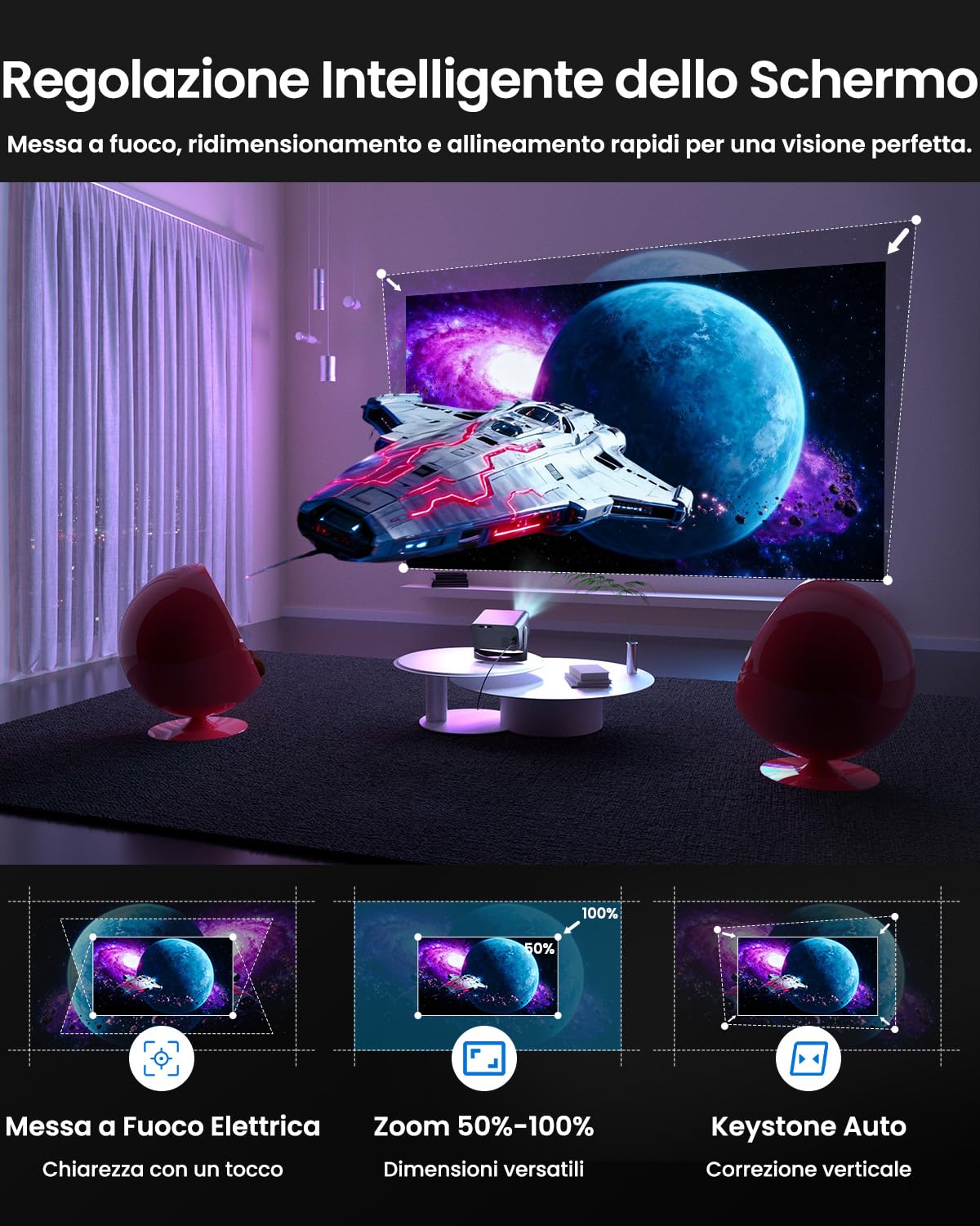 Proiettore Portatile, [App Integrate] UCOCARE Mini Proiettore 4K Smart TV, WiFi & Bluetooth, Auto Keystone, Fuoco Elettronica, 4K 1080P Videoproiettore Home Cinema per Telefono, Smart TV, USB