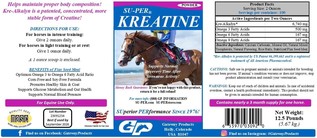 SU-PER Kreatine Energy Horse Supplement - Supports Energy Production, Stamina and Endurance - Equine Creatine Supplement with Kre-Alkalyn - 12.5 Pound, 3 Month Supply