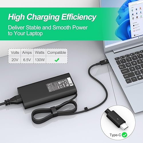 Miniatura 3 de Cargador para portátil de 130 W USB C tipo C compatible con Dell XPS 15 9575 9520 9510 9500 17 9720 9710 9700 Precisión 5530 5550 5560 5570 5750