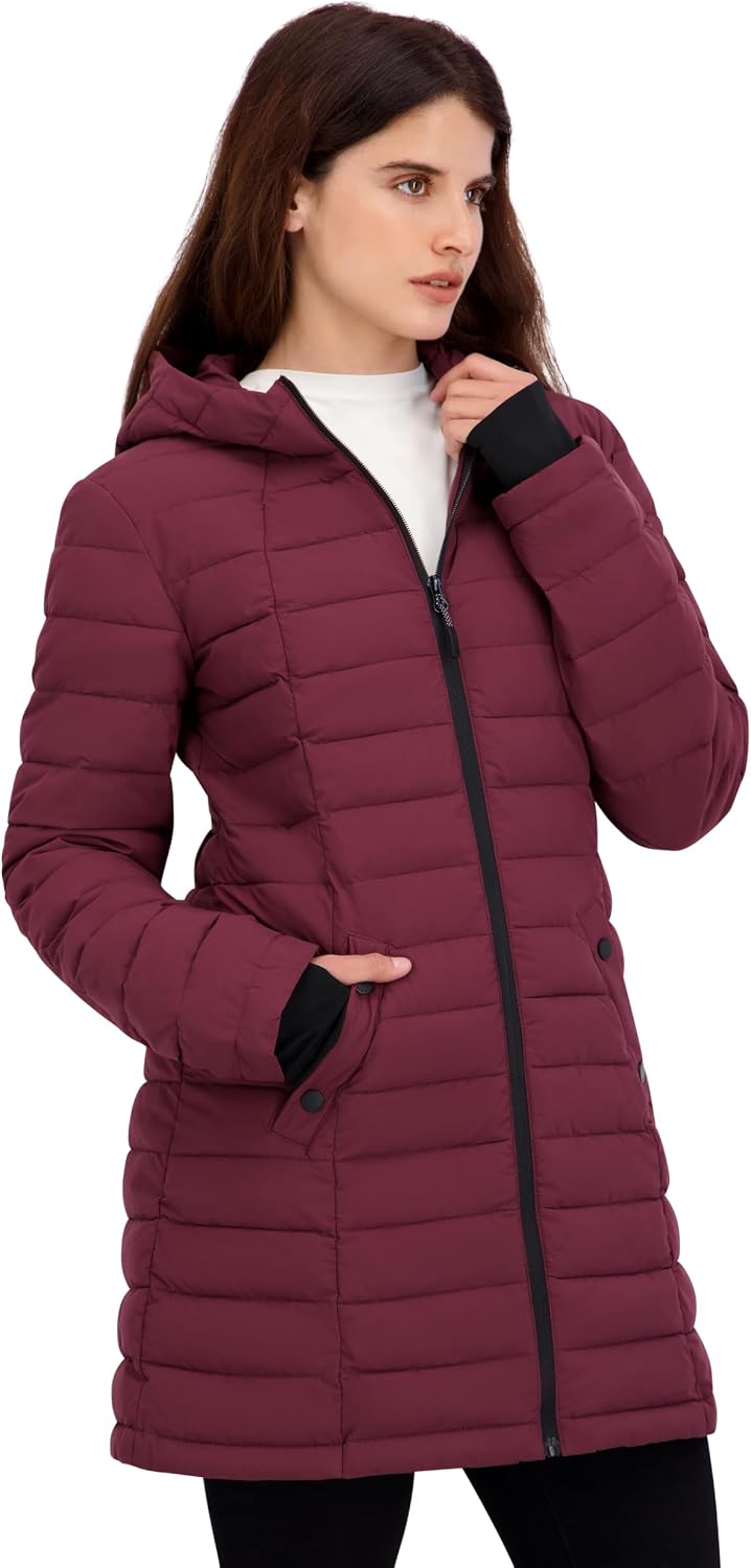 HFX Women's Mid-Weight Stretch Puffer Jacket – Water-Resistant, Insulated Coat, Recycled Fill, Thumbhole Cuffs, Contoured Fit