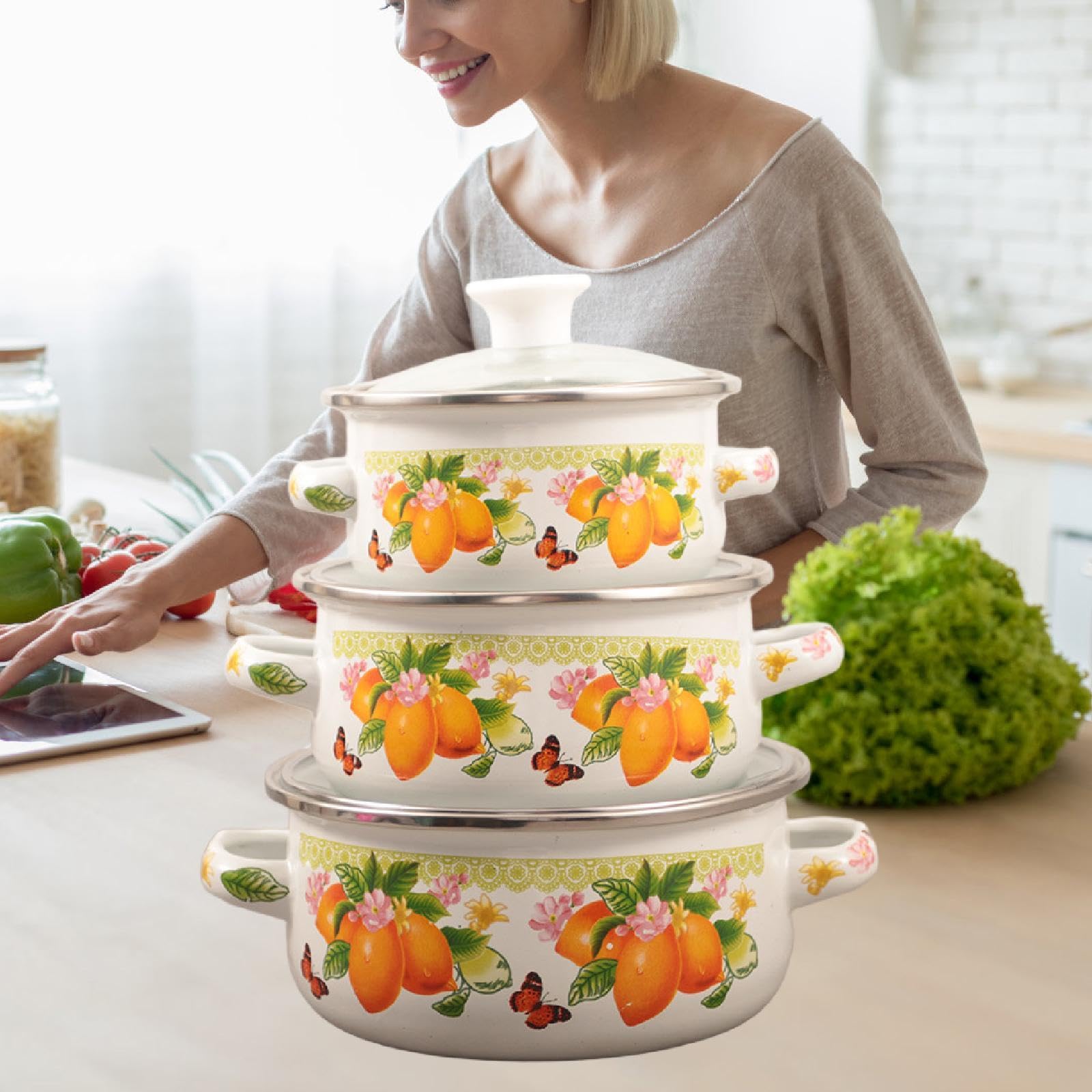 3 Pentole Smaltate con Coperchio, Pentole per Zuppa a Doppio Manico, Smaltate per Ristoranti, Sale Da Pranzo E Cucine, Limone