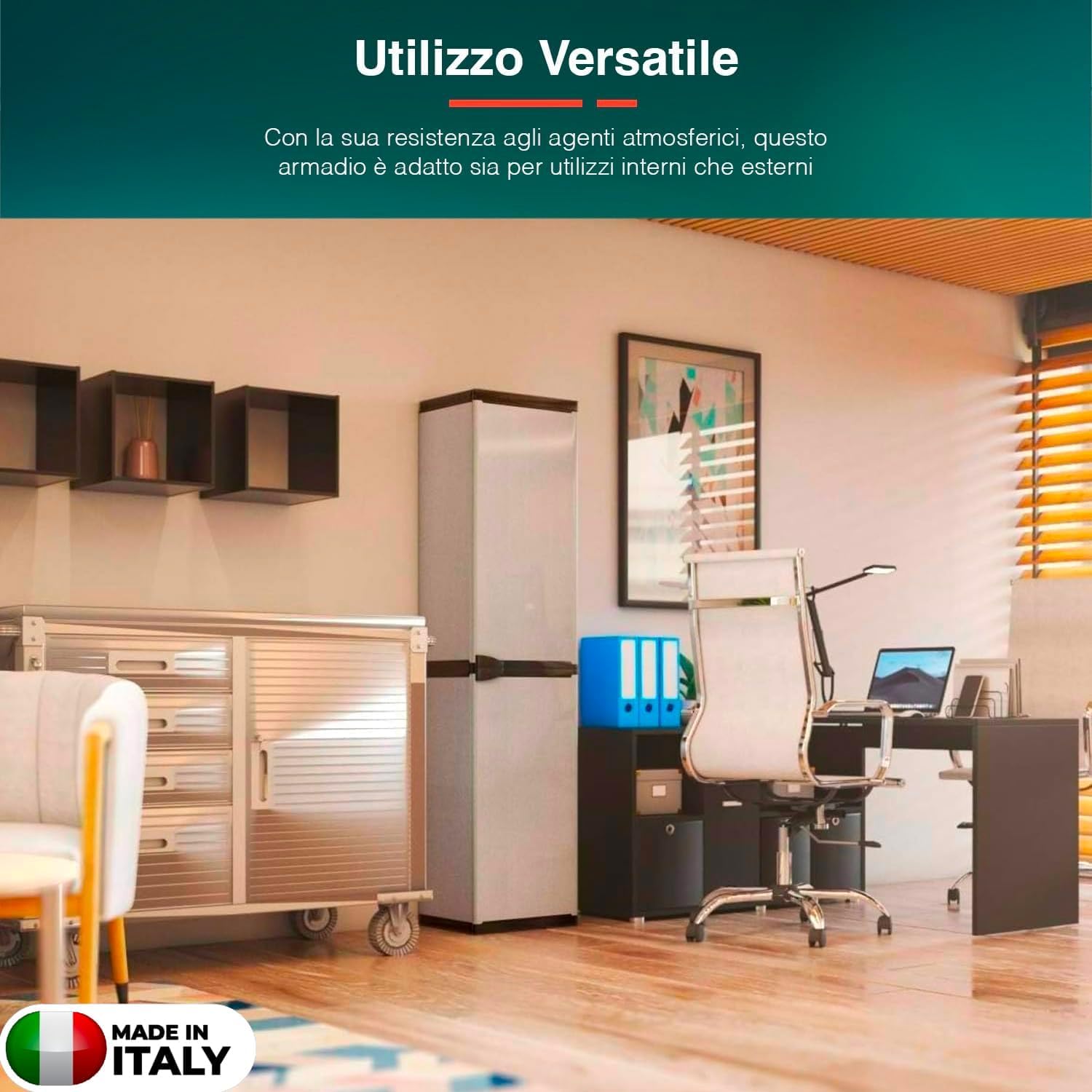 Avilia Armadio da Esterno Alto 1 Anta - Mobile Modulare Salvaspazio con 4 Ripiani, Montaggio Facile, Ottimo per Esterni e Interni, in Resina Termoplastica, Grigio e Nero, 34x39.5x168cm, Made in Italy