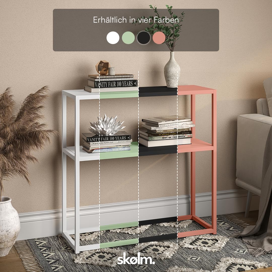 skølm Skadi Konsolentisch schmal aus Metall – Schmales Regal Weiß – Flurtisch mit 2 Ablagen – Beistelltisch mit verstellbaren Füßen - Sofatisch Flur/Wohnzimmer – Metallregal 80x28x80cm – Console table