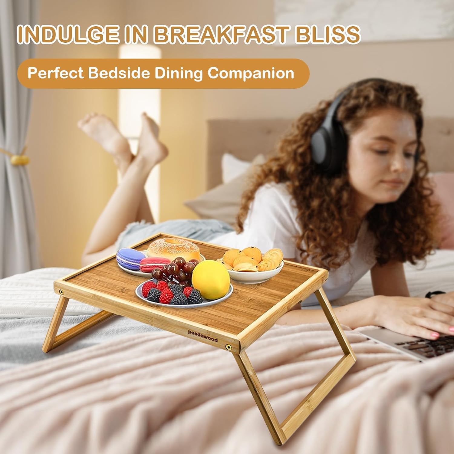 Folding Bed Tray Table with Legs, Breakfast in Bed Tray, Lap Desk, Bamboo