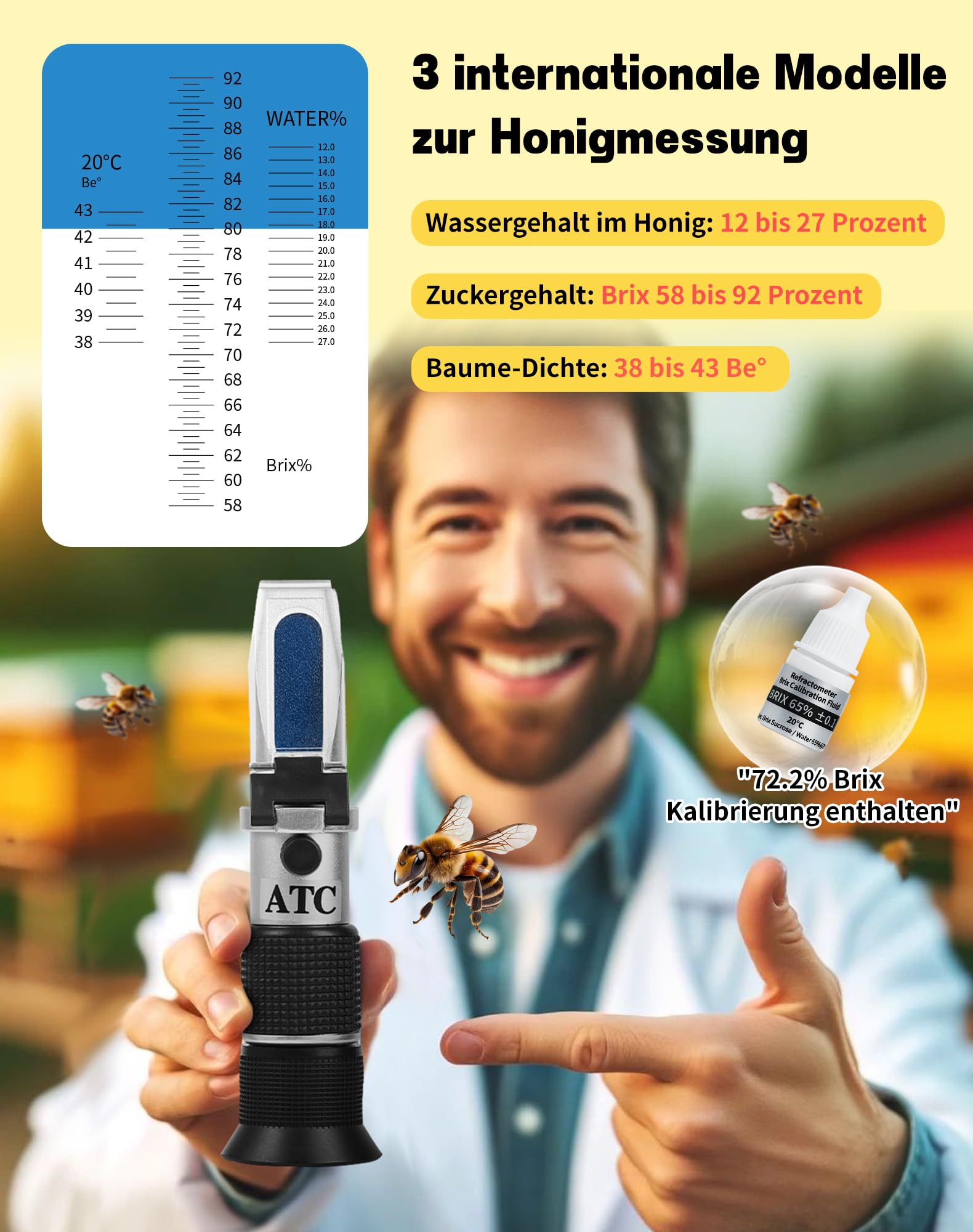 NETONDA Rifrattometro miele 3 in 1 apicoltore rifrattometro 58-92% Brix 12-27% acqua 38-43°Baume Be° Tester miele con ATC Honey Refrattometro manuale per miele sciroppo di zucchero marmellata di