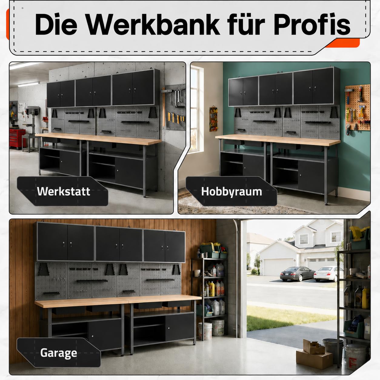 Ondis24 Werkstatteinrichtung Werkstatt Set Werkbank Fritz Hängeschrank Werkzeugwand Metall Schwarz Grau (3X Hängeschrank Ben, 240 cm), Buchenholzarbeitsplatte