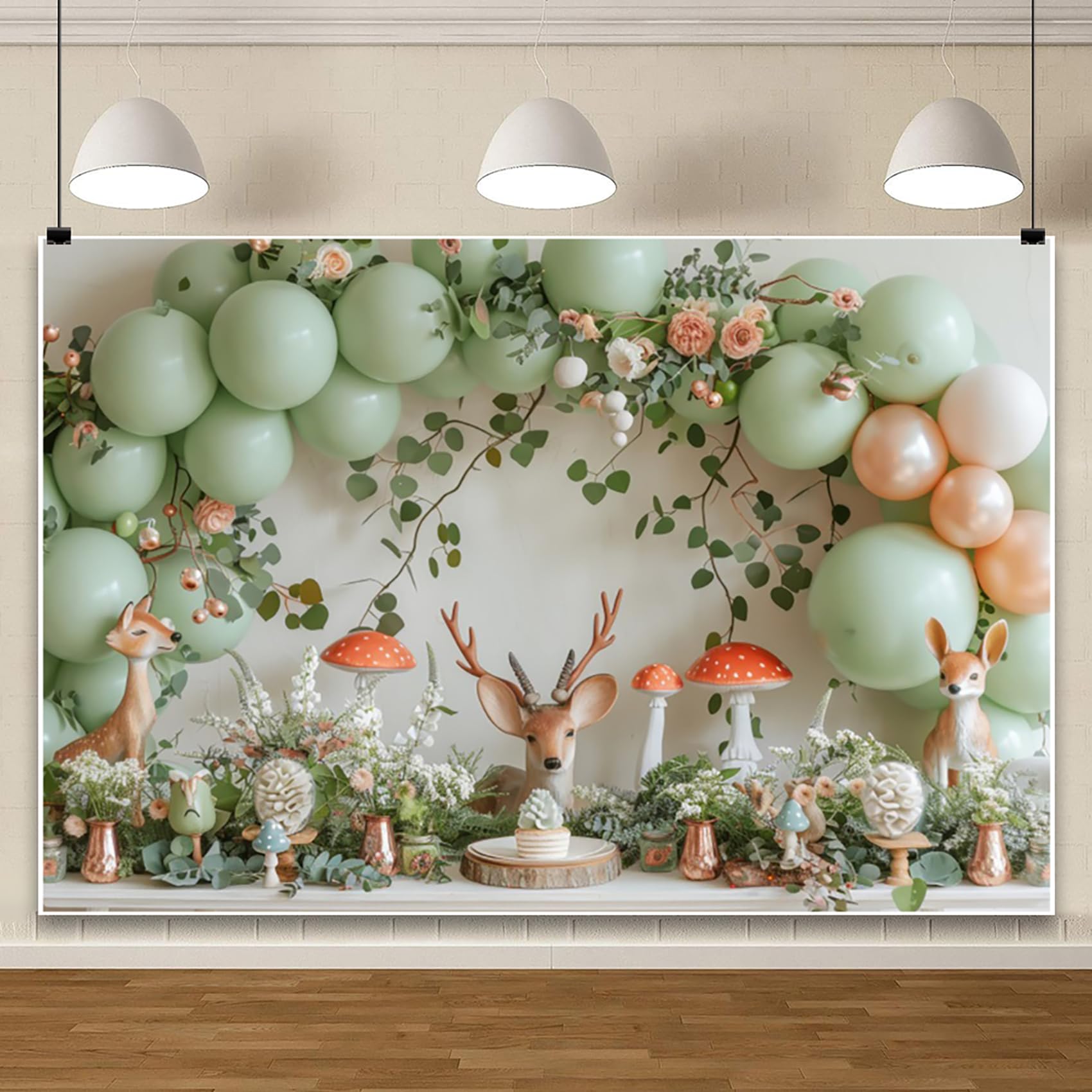 AOFOTO Woodland Baby Shower Backdrop 5x3ft Green Forest Adventure Cute Deer Mushroom Leaves Balloon Photography Background Greenery Forest Party Birthday Photoshoot Banner Newborn Boys Girls Portrait