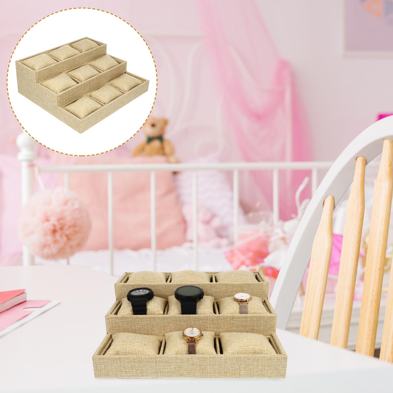 DOITOOL Vassoio Semplice ed Elegante 9 Scomparti in Lino Khaki Porta Orologi e Gioielli e Piccolo Cuscino, Design Unico a Forma Trapezoidale per Amiche