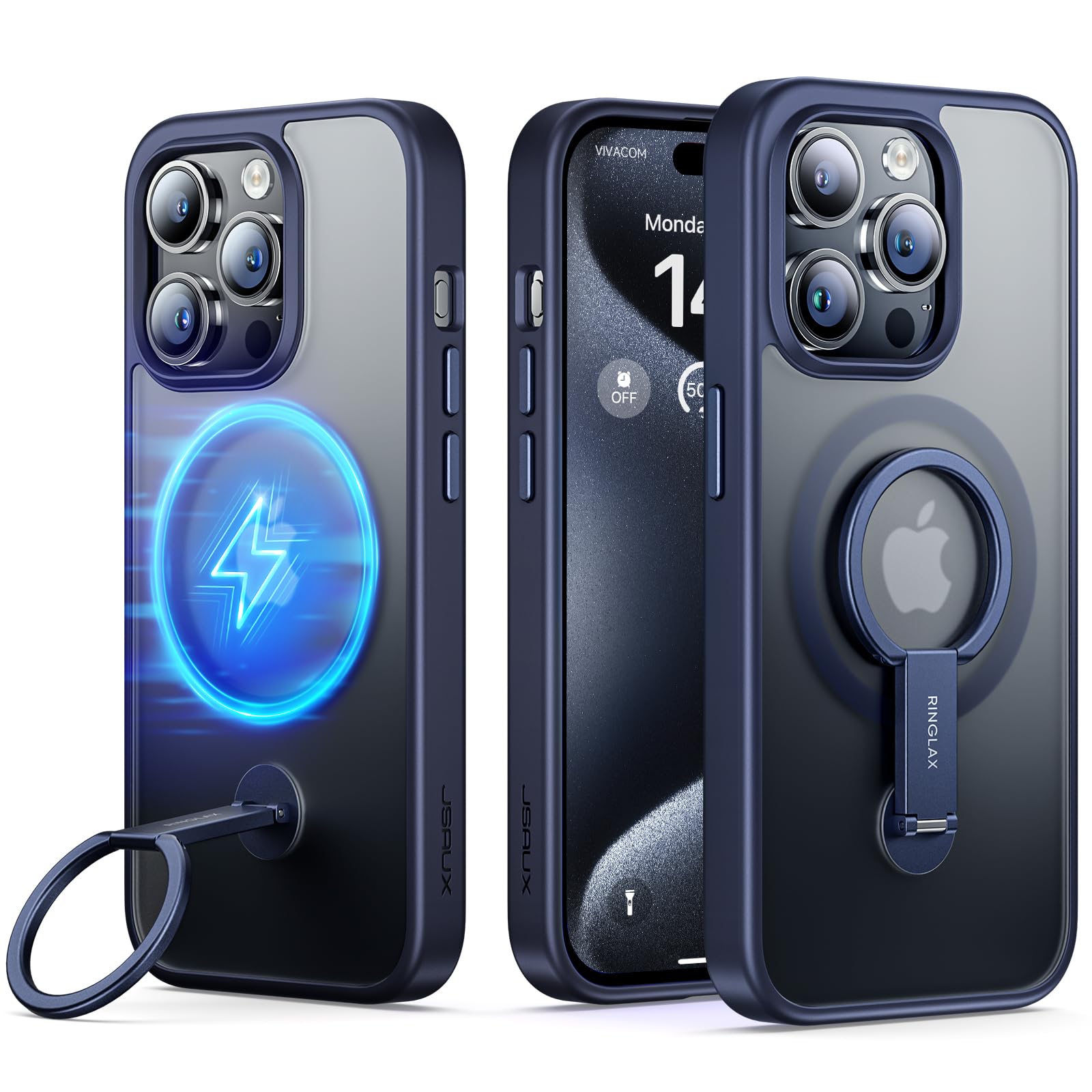 JSAUX for iPhone 15 Pro Case Magnetic with Upgrade Stand & Ring | More Flexible & More Angle | Compatible with Mag-Safe | RingLax Slim Translucent Shockproof Matte Phone Cover for 15Pro Titanium -Blue