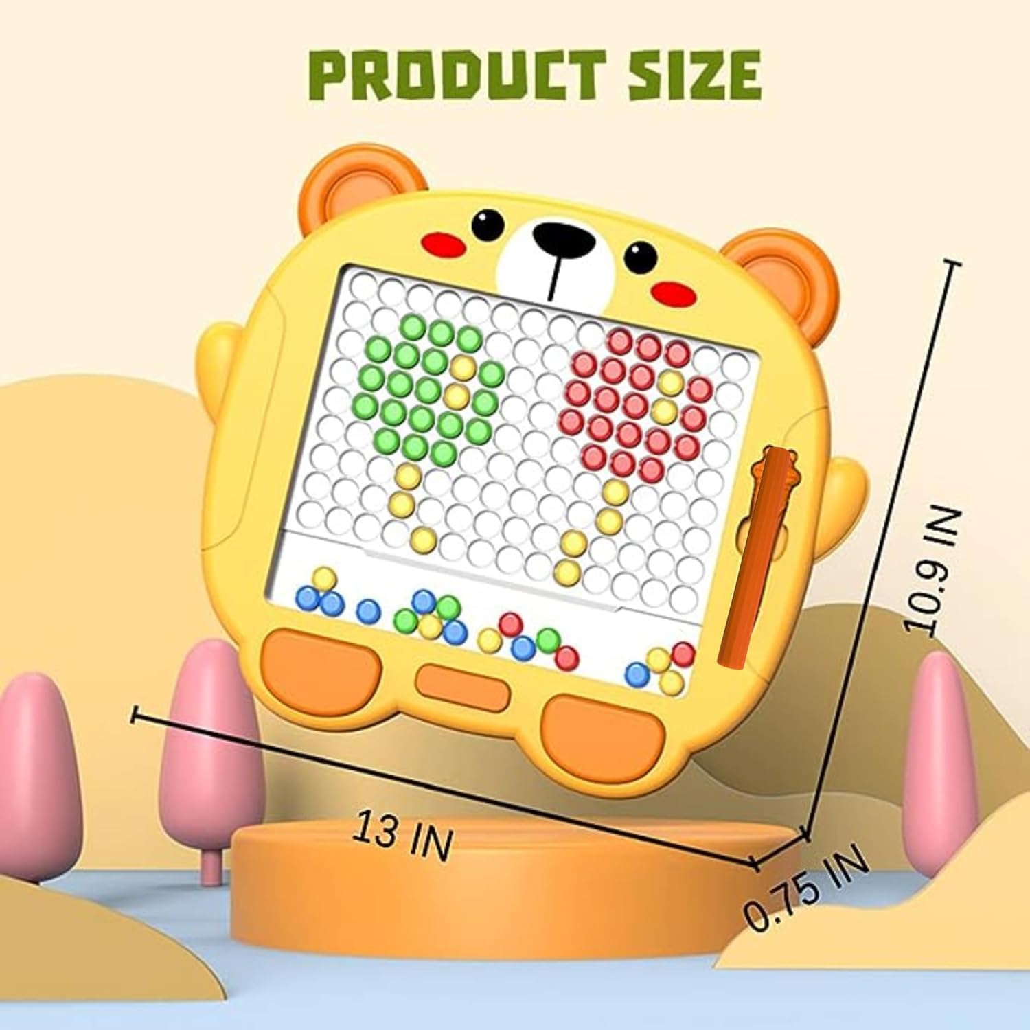 Kidoyz Magnetic Dot Drawing Board Toy for Kids β Montessori Learning Magpad with Stylus & 12 Double-Sided Activity Cards | Educational Magnetic Beads Toy (Color May Vary) (Bear Yellow) 4