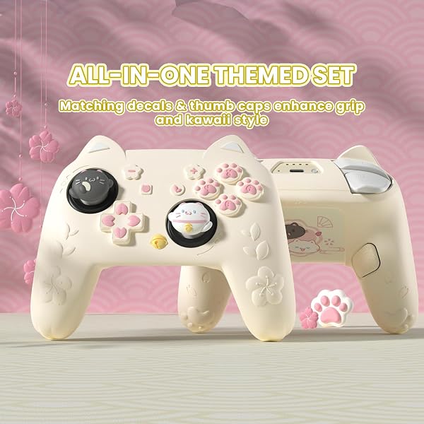 PlayVital for Nintendo Switch 2 Pro Controller Silicone Cover – Cherry Blossoms Kitten Cute Protective Skin Case for Switch 2 Pro Controller w/Back Button Cap & Thumb Grip & Sticker - Antique Yellow - 4