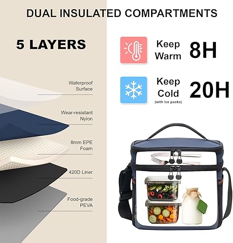 Miniatura 3 de Everfun Lonchera térmica suave para hombres, con doble compartimento, pequeña, plegable, impermeable, a prueba de fugas, para el trabajo, azul marino