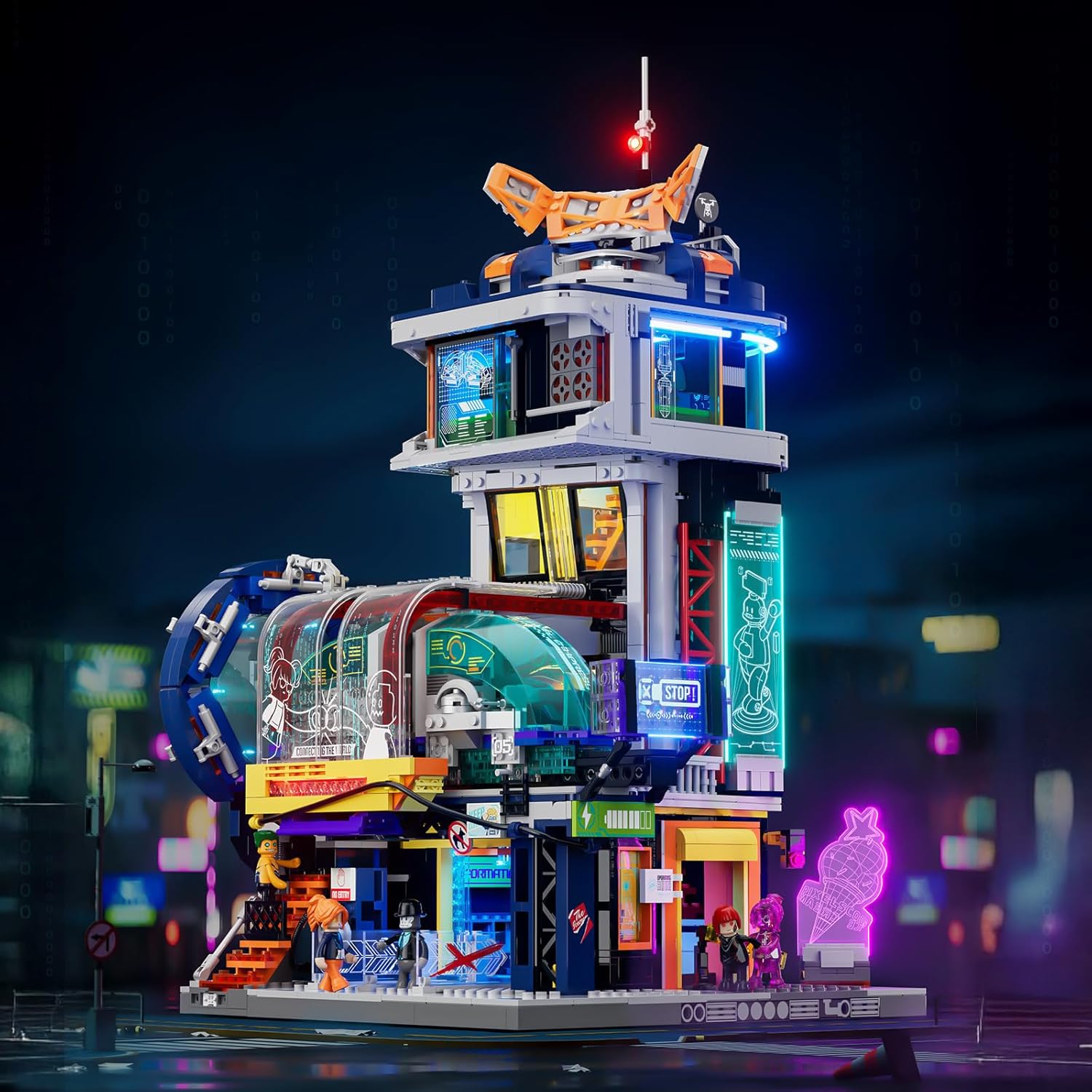 Cyberpunk Floating-Train-Station Lighting-Building-Bricks Set - Cyberpunk City Future Levitation Train Station Street View Collection LED Light Model 2760 Pcs for Adults and Sci-fi Lovers - Image 7