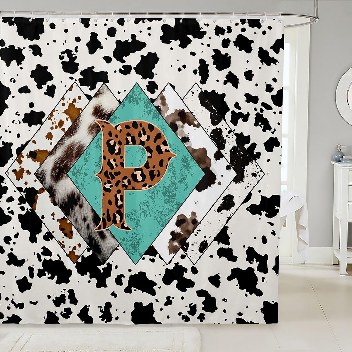 Rideau de douche lettre P taille L léopard monogramme alphabet imprimé cuir de vache rideau de bain pour adultes design rustique rétro rideaux de bain imperméables avec 12 crochets pour baignoire