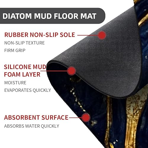 Miniatura 2 de Tapete de baño de tierra de diatomeas, textura de mármol azul y dorado, volumen antideslizante, súper absorbente, de secado rápido, para baño,