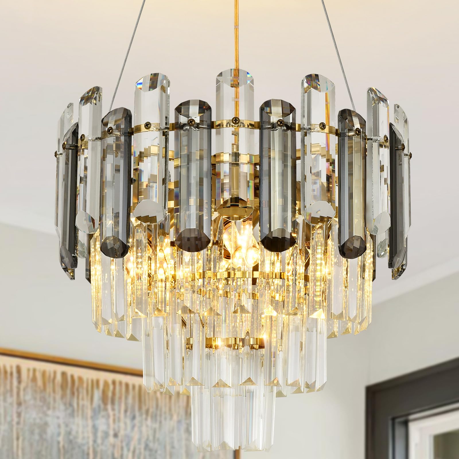 AOOCHOK Luxury Grey Crystal Modern Chandelier, Round Crystal Pendant Light for Hallway, Balcony, Veranda, Restaurant, Entrance, Φ40cm