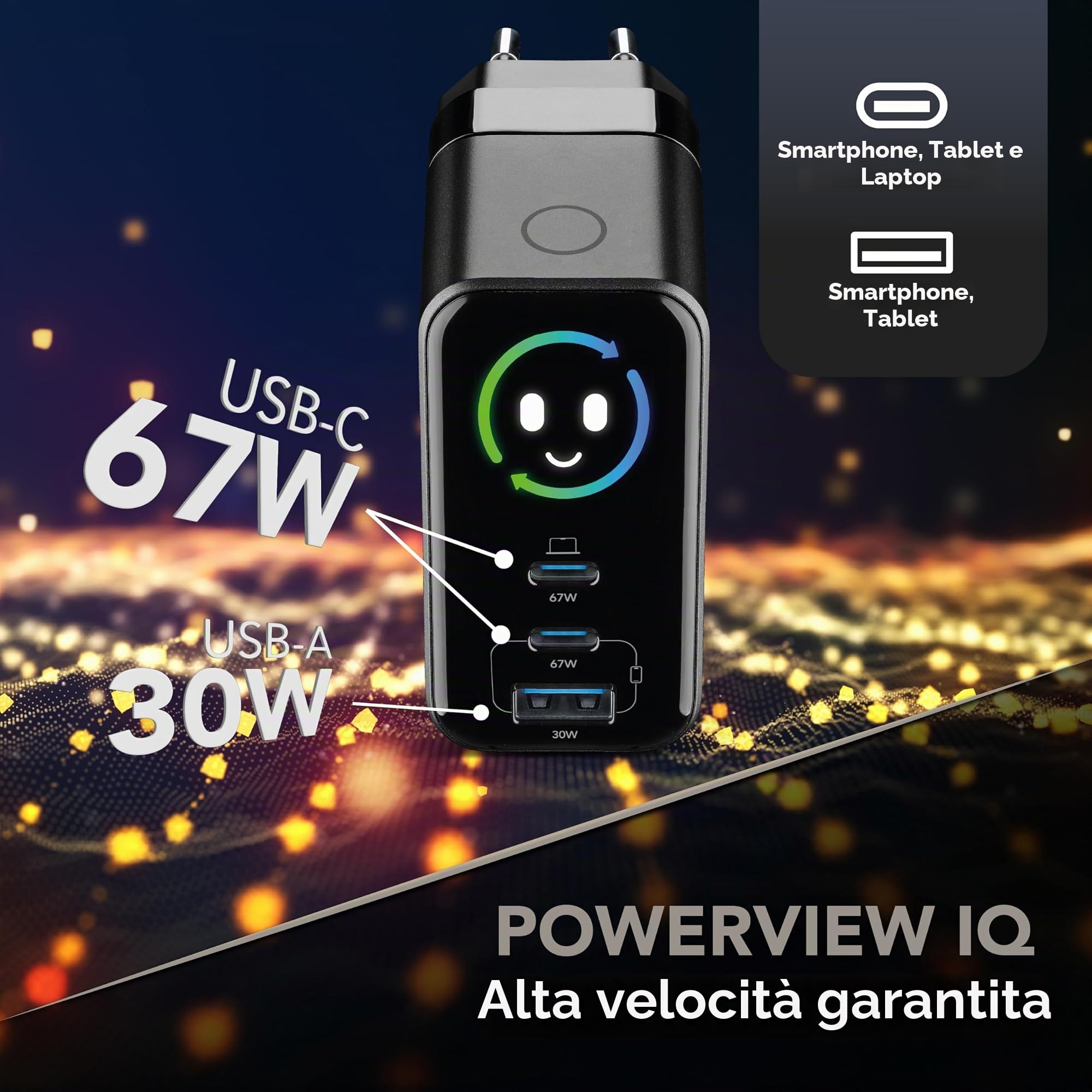 Cellularline PowerView IQ 67W Caricabatterie da Rete con Display TFT, 2 Porte USB-C PD e 1 Porta USB-A 30W, Uscita Simultanea 65W, Tecnologia GaN, Spina Pieghevole, Cavo Incluso
