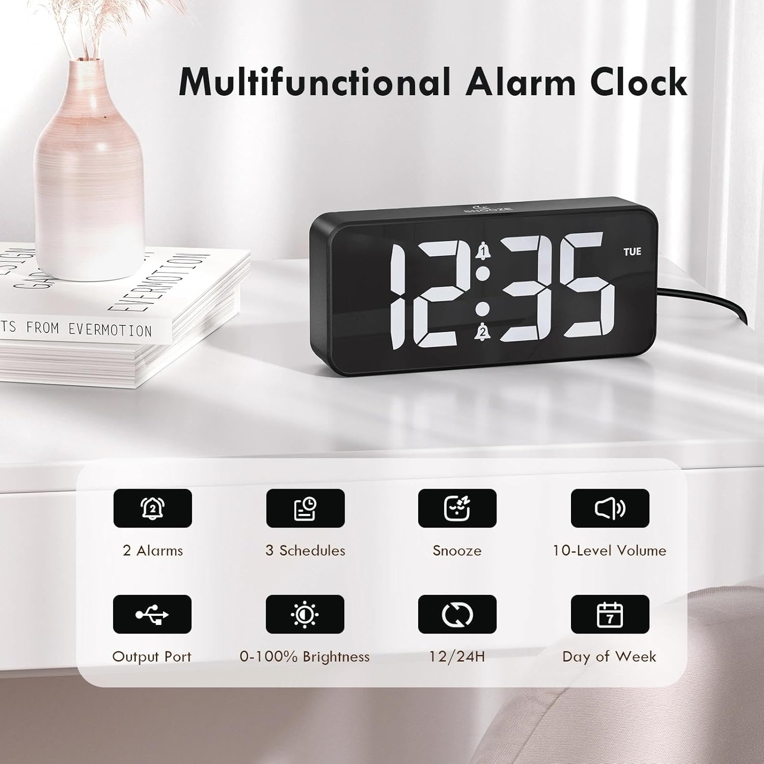 Multifunctional Alarm Clock features including 2 alarms, 3 schedules, snooze, 10-level volume, output port, 0-100% brightness, 12/24H format, and day of week display.