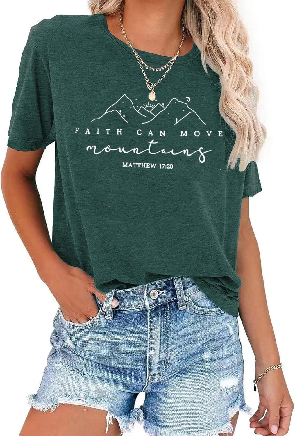 Faith Can Move Mountains T Shirt Women Christian Shirt Short Sleeve Nature Graphic Camping Tee Shirts - Image 2