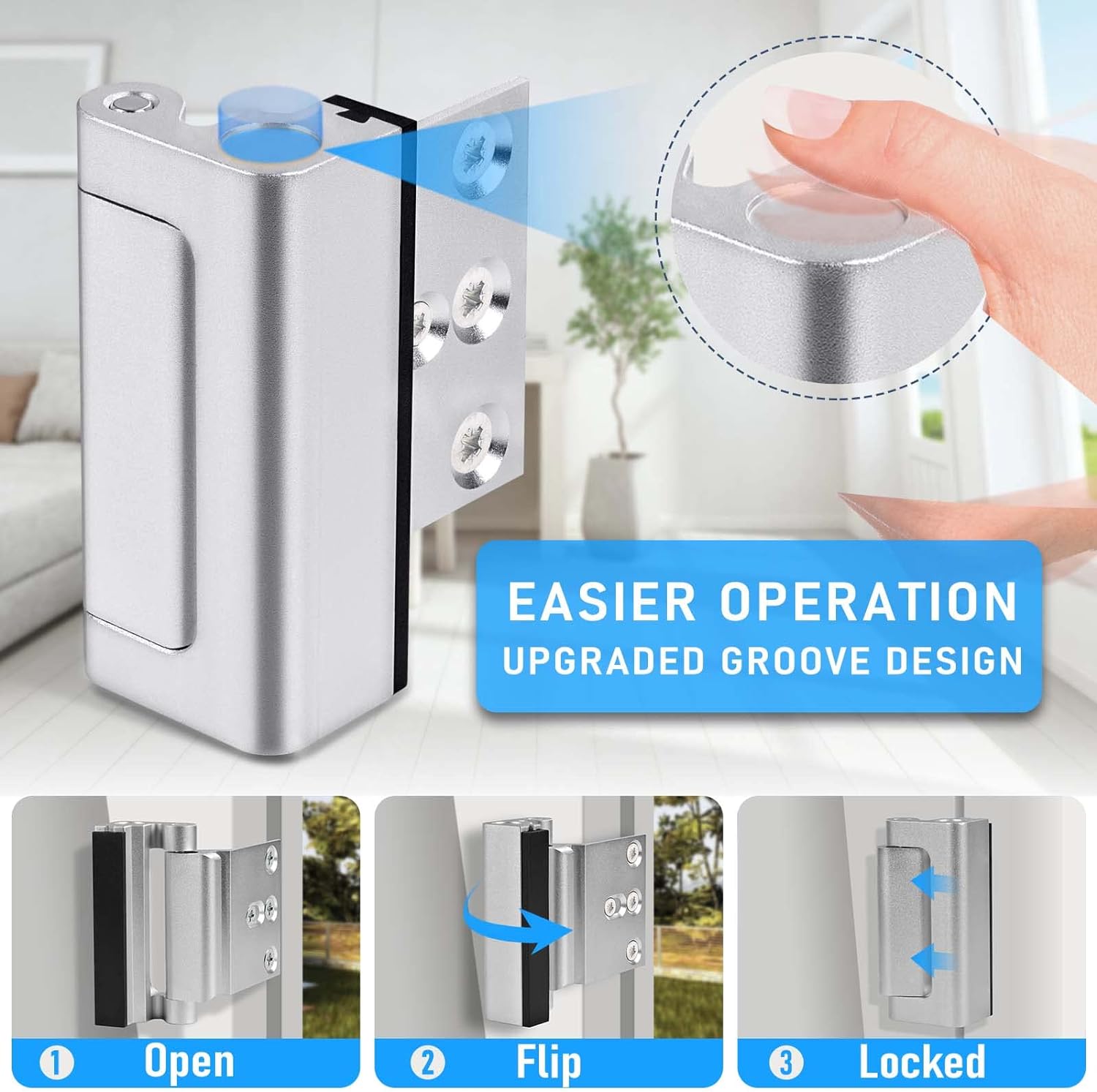 Close-up of the Steinwhale door lock showing its upgraded groove design for easier operation.