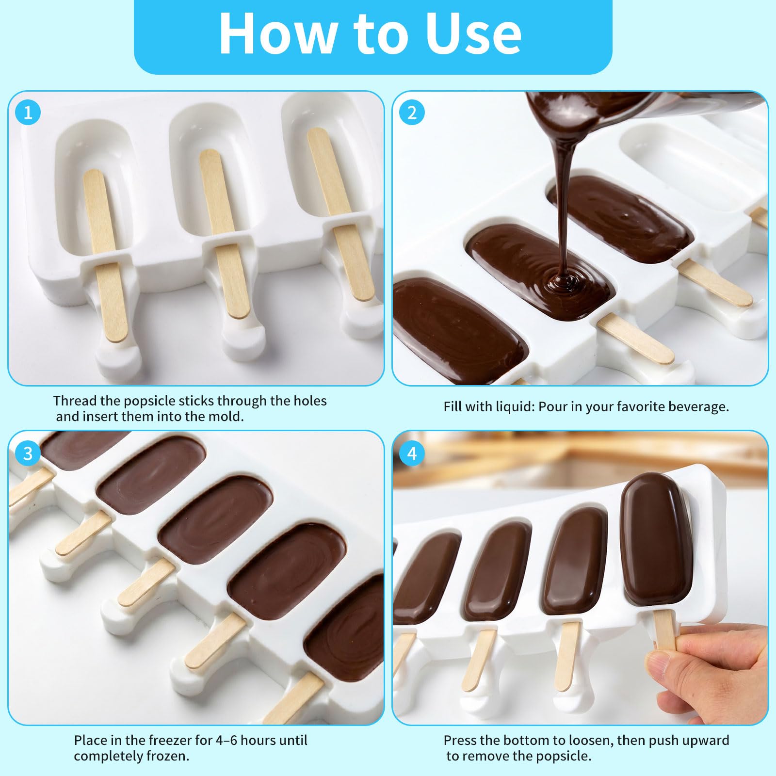 2 sztuki foremek do lodów z silikonu z 100 drewnianymi patyczkami i 2 torebkami do lodów, 8 przegródek, forma do lodów bez BPA, silikonowa forma DIY do robienia lodów na wodzie, lodówek, cake pops