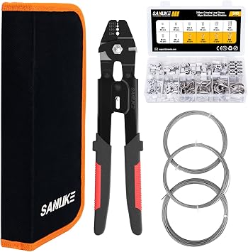 340pcs Wire Rope Thimbles and Crimping Loop Sleeves Assortment Kit, and Wire Rope Crimping Tool Kit with Bag, Black Red, Sanuke