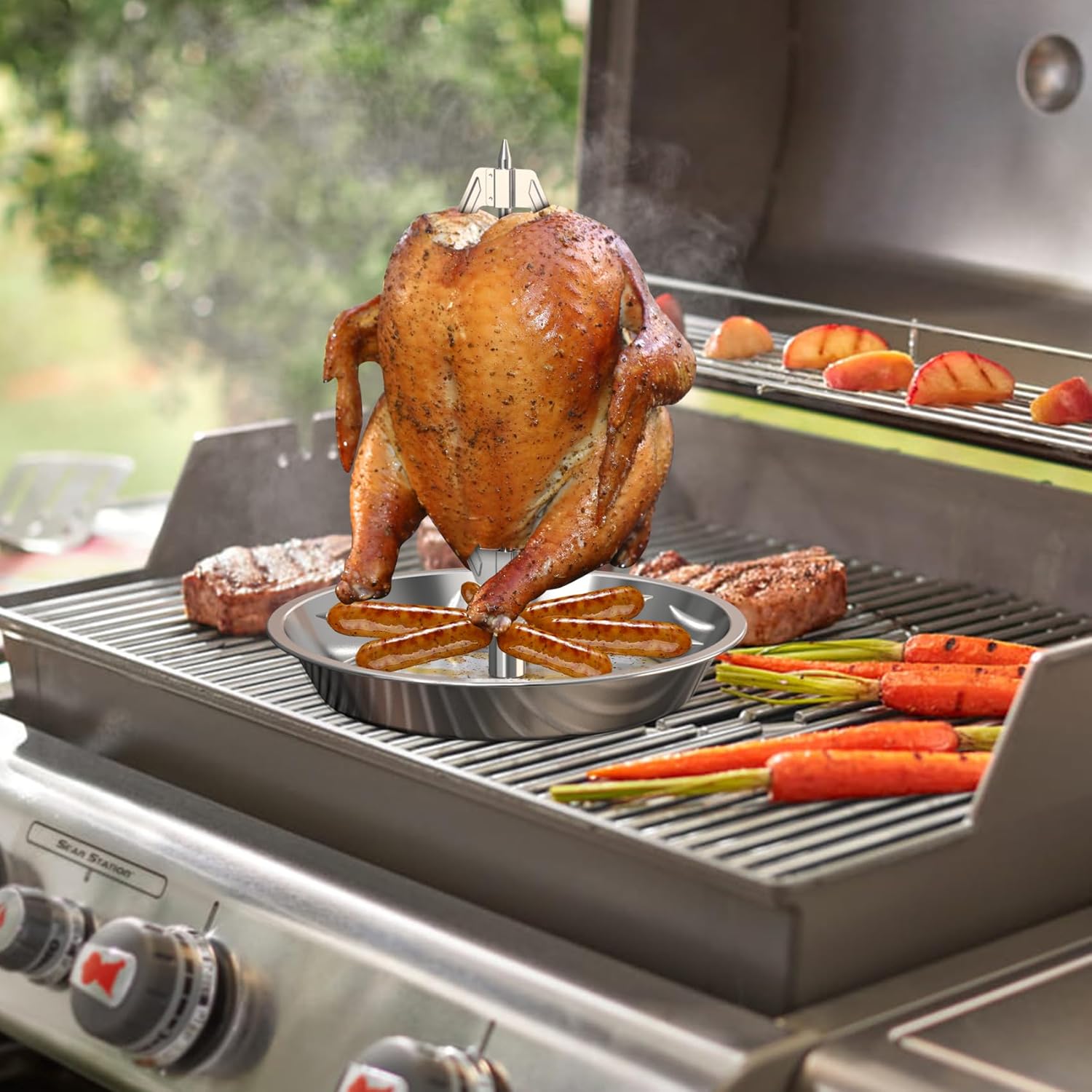 Onlyfire Al Pastor Skewer for Grill, Stainless Steel Brazilian Vertical Spit Stand with 2 Removable Meat Forks, Spikes and Sausage Rack for Oven, BBQ, Shawarma Rotisserie for Tacos, Gyros and Kebabs