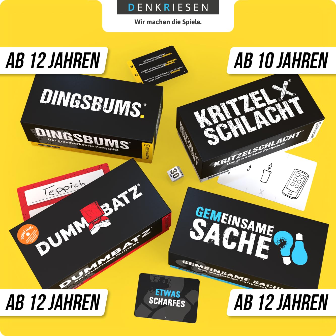 DENKRIESEN PARTYFIEBER MEGA Pack - ab 10 Jahren & 3-8 Spieler | 4 Spiele in 1 Bundle: KRITZELSCHLACHT, DUMMBATZ, GEMEINSAME Sache & DINGSBUMS | Partyspiele | Familienspiele | Gesellschaftsspiele