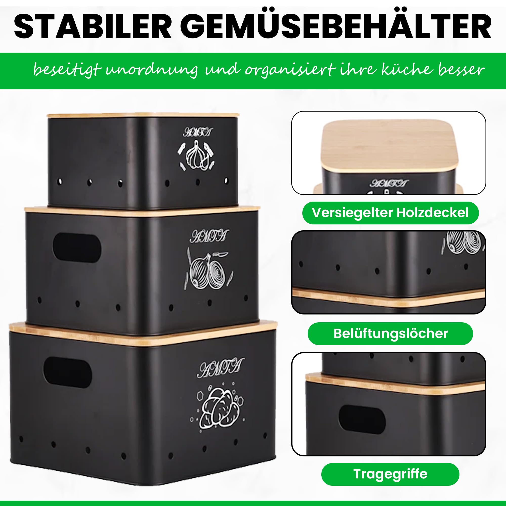 Kartoffel Aufbewahrungsbox [3er Set] - Hält Gemüse Länger Frisch - Idealer Weg für Zwiebel, Kartoffel und Knoblauch Aufbewahrung Schäler & Schneider – Küchen Organizer im Vintage Stil (Schwarz)