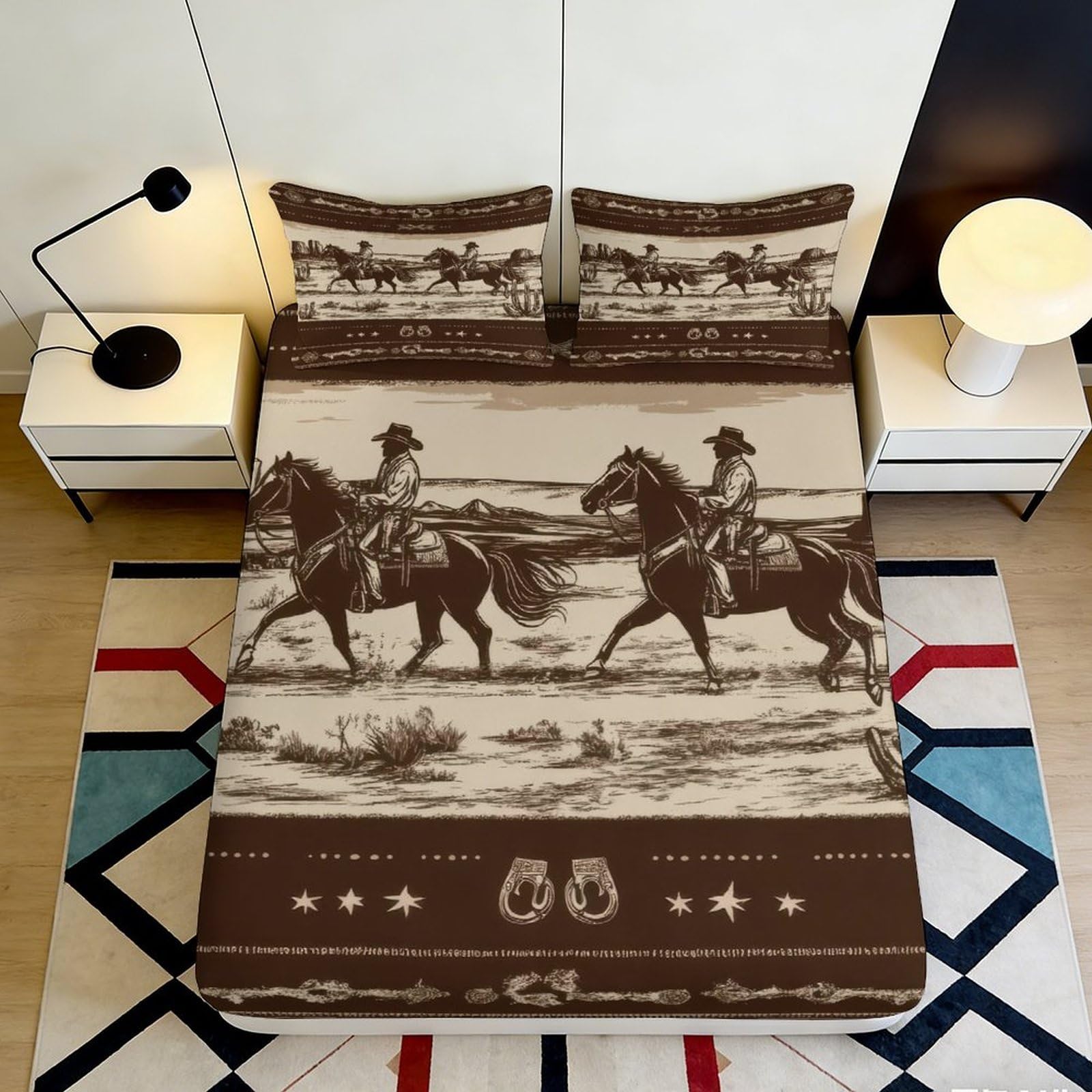 Pnayamiorkfel Style-1 3D Printed Cowboy Horse Fitted Sheet Microfiber Brown Western Ranch Mattress Cover For Bedroom Guest Room Decor 90X200x25cm