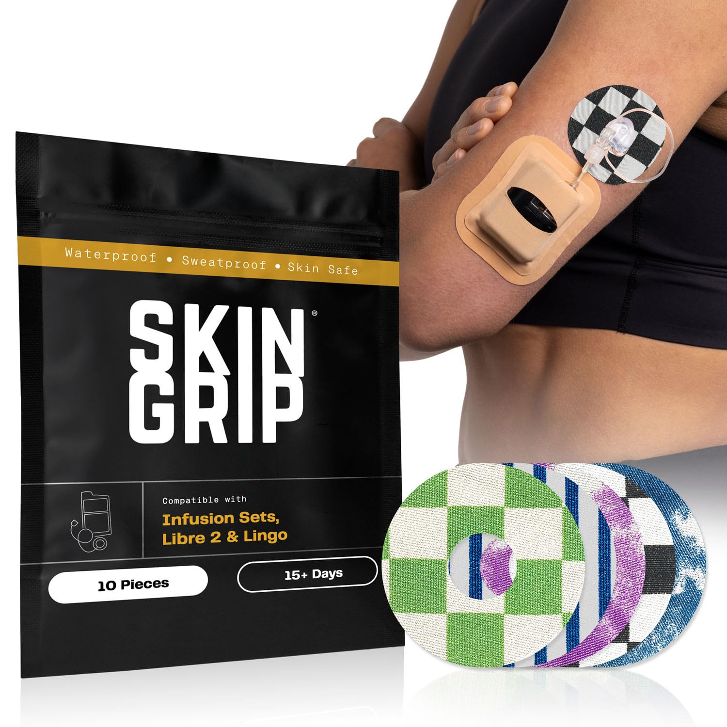 Skin Grip Universal Adhesive Patches for CGM and Insulin Pumps with Cutout | Waterproof & Sweatproof, 15+ Days Hold, 0.8-Inch Hole, Glucose Monitor Patch, Diabetic Sensor Cover, 10-Pack - Classics Pack